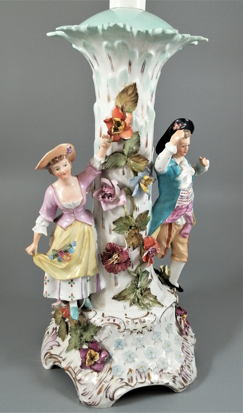 Antique Carl Thieme Porcelain Figural Lamp: Rococo Decor, Germany 1888