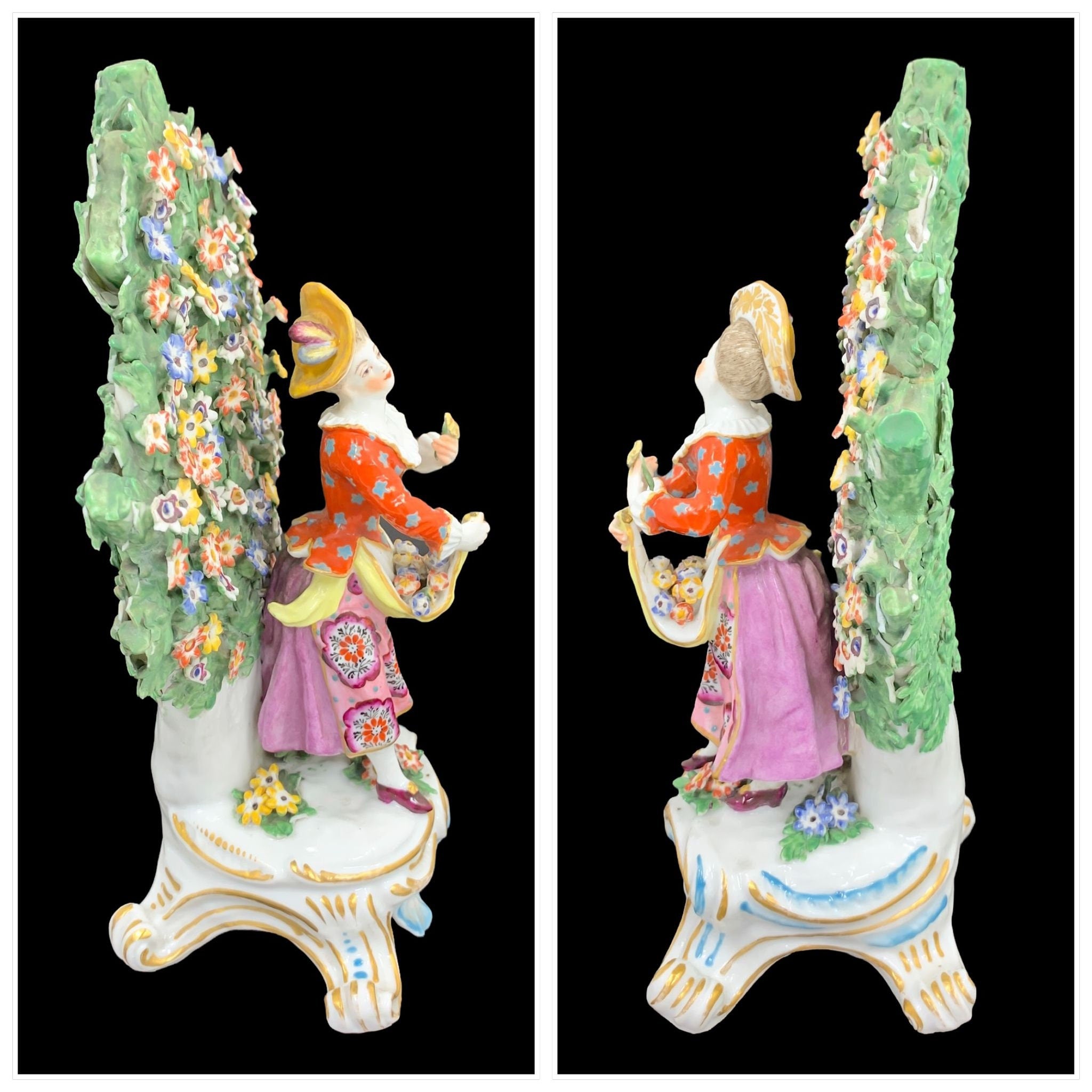 A pair of 18th century Chelsea – Derby bocage porcelain figurines.
