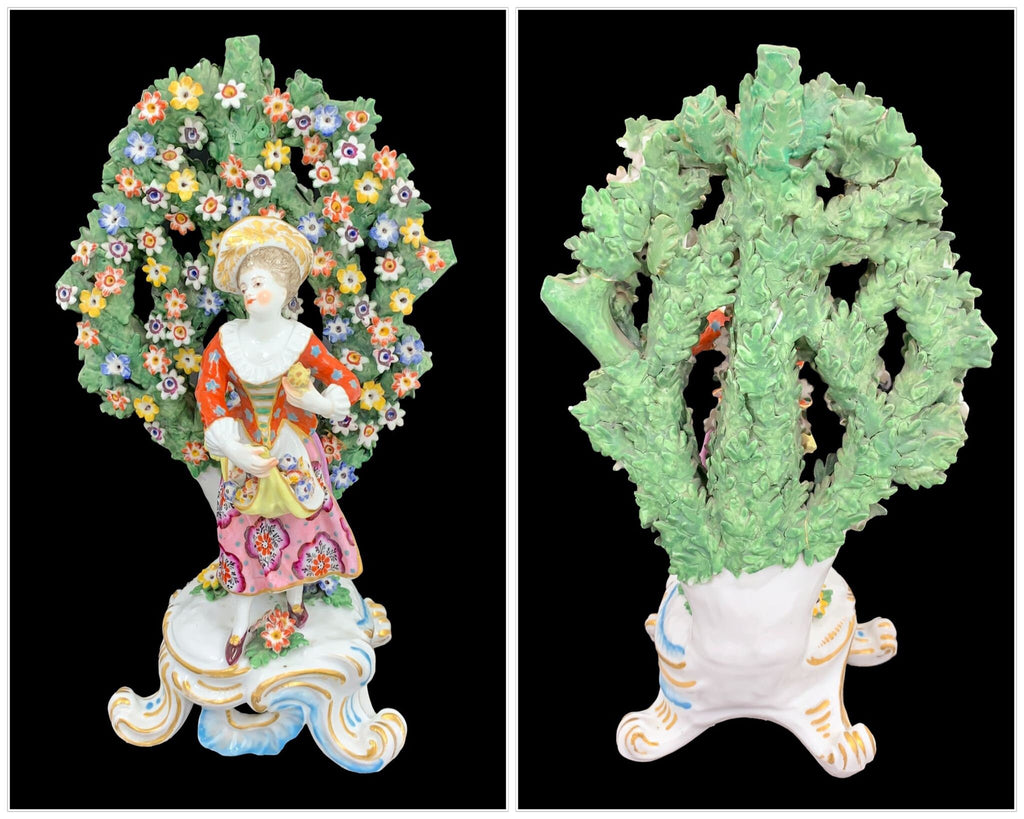 A pair of 18th century Chelsea – Derby bocage porcelain figurines.