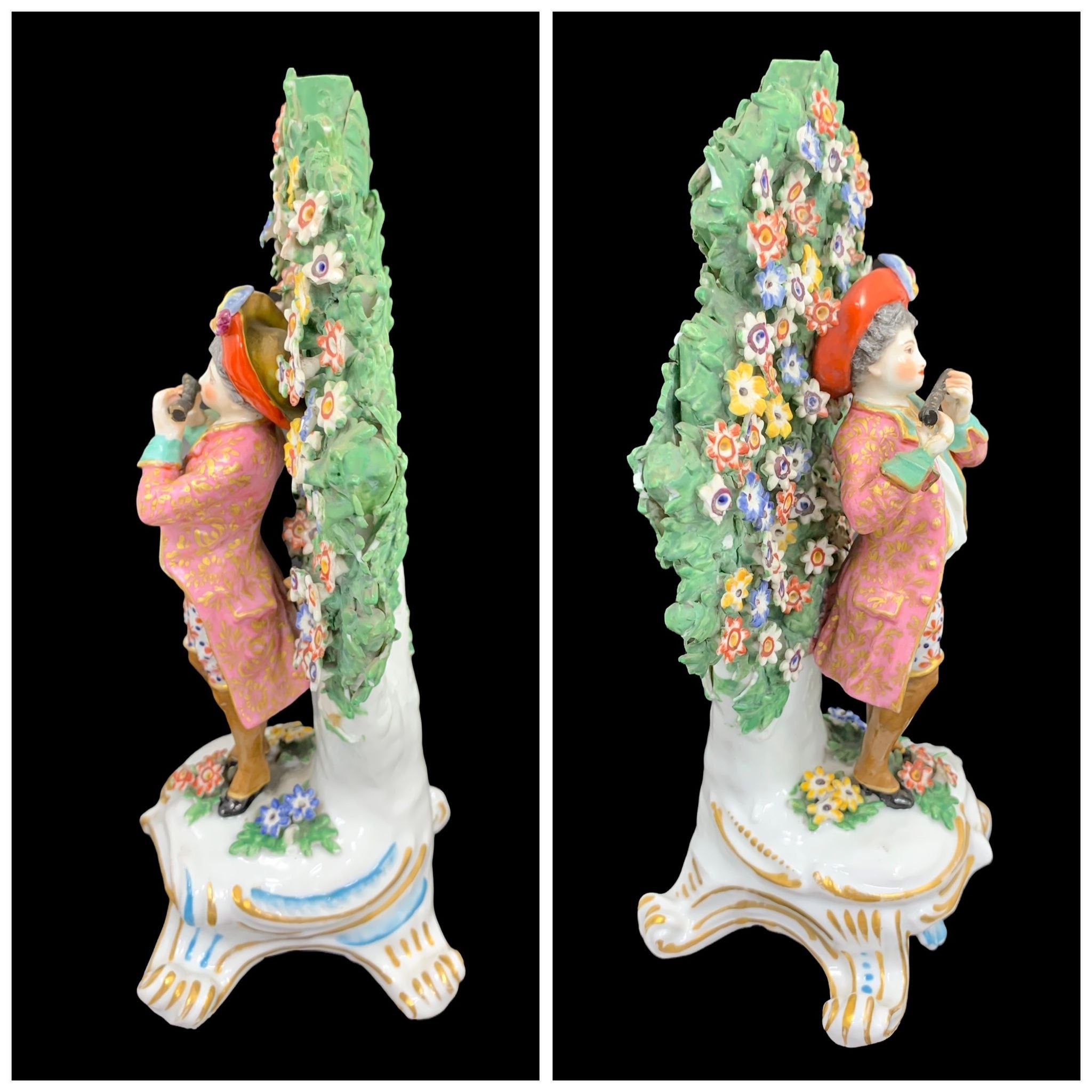 A pair of 18th century Chelsea – Derby bocage porcelain figurines.