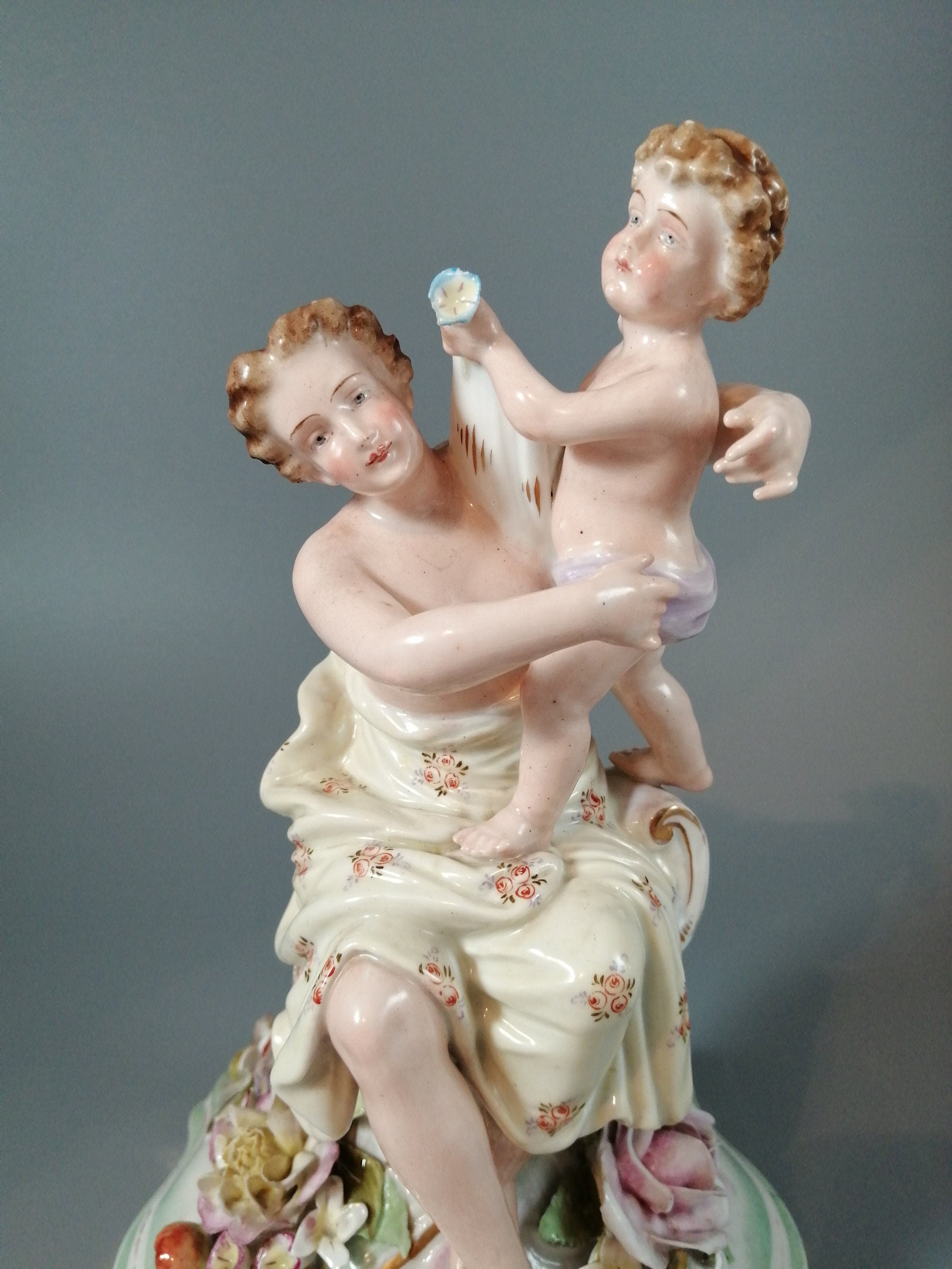 Antique porcelain figure Schierholtz Woman with Cherub, c. 1880