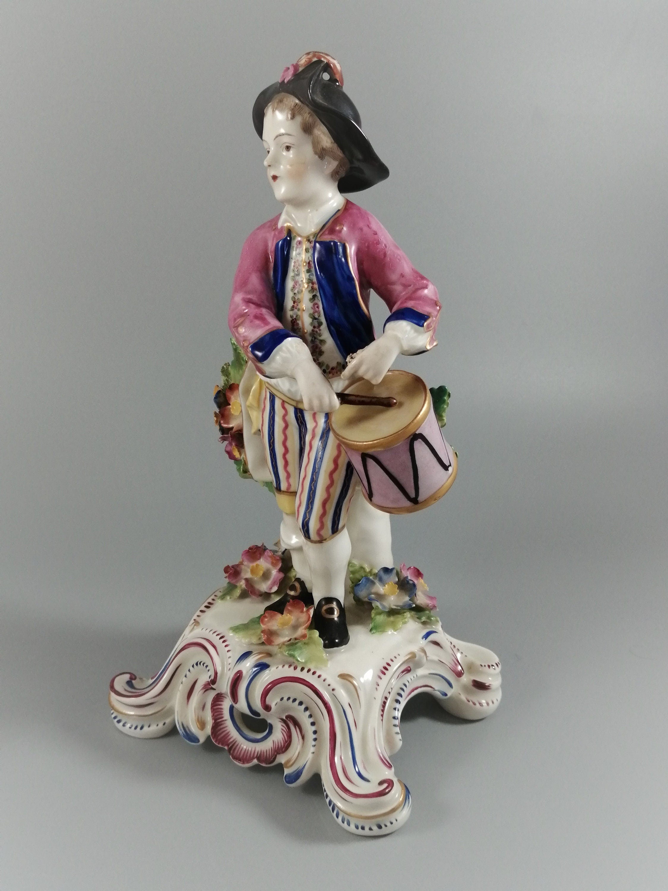 Rare Bow Porcelain Boy Drummer Figurine: English Pastel Decor, c. 1744