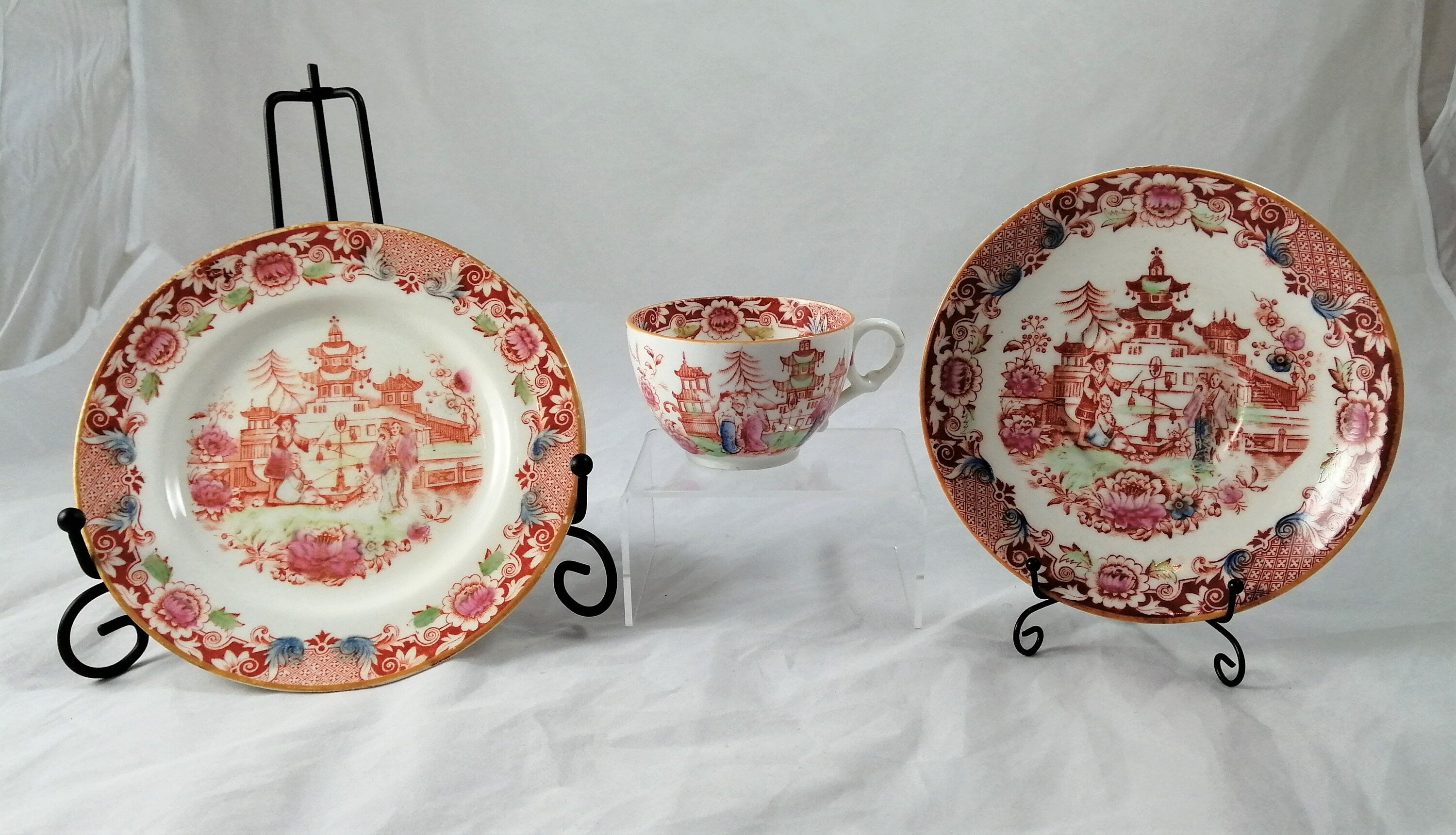 Antique chinoiserie set, tea cup,saucer and dessert plate,Williamson & Sons