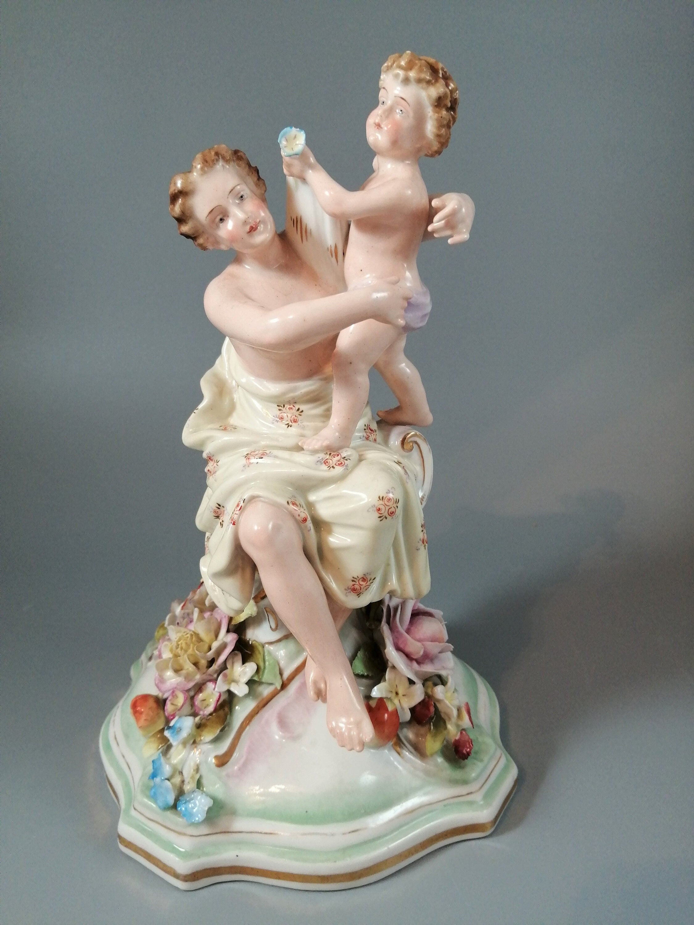 Antique porcelain figure Schierholtz Woman with Cherub, c. 1880