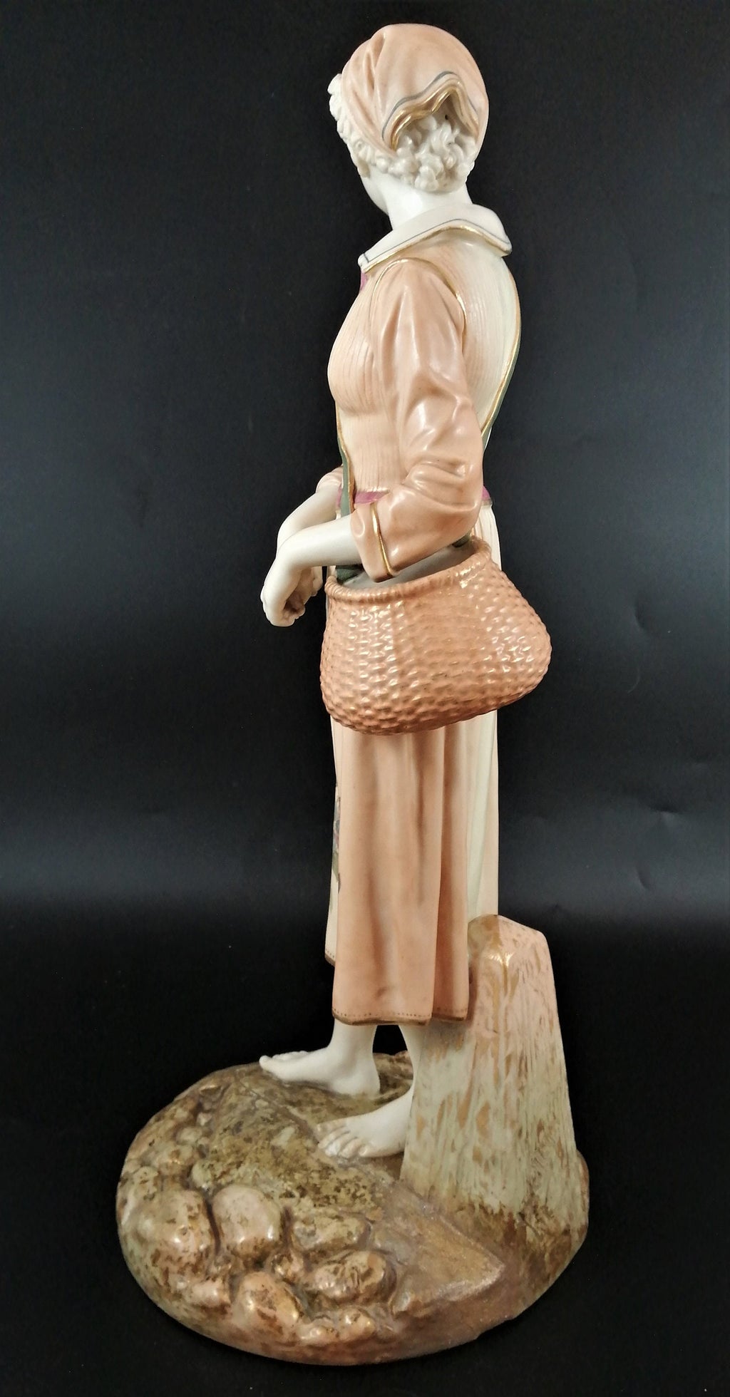 Royal Worcester Porcelain Figurine: French Fisher Girl, James Hadley 1886, 17" Antique Decor