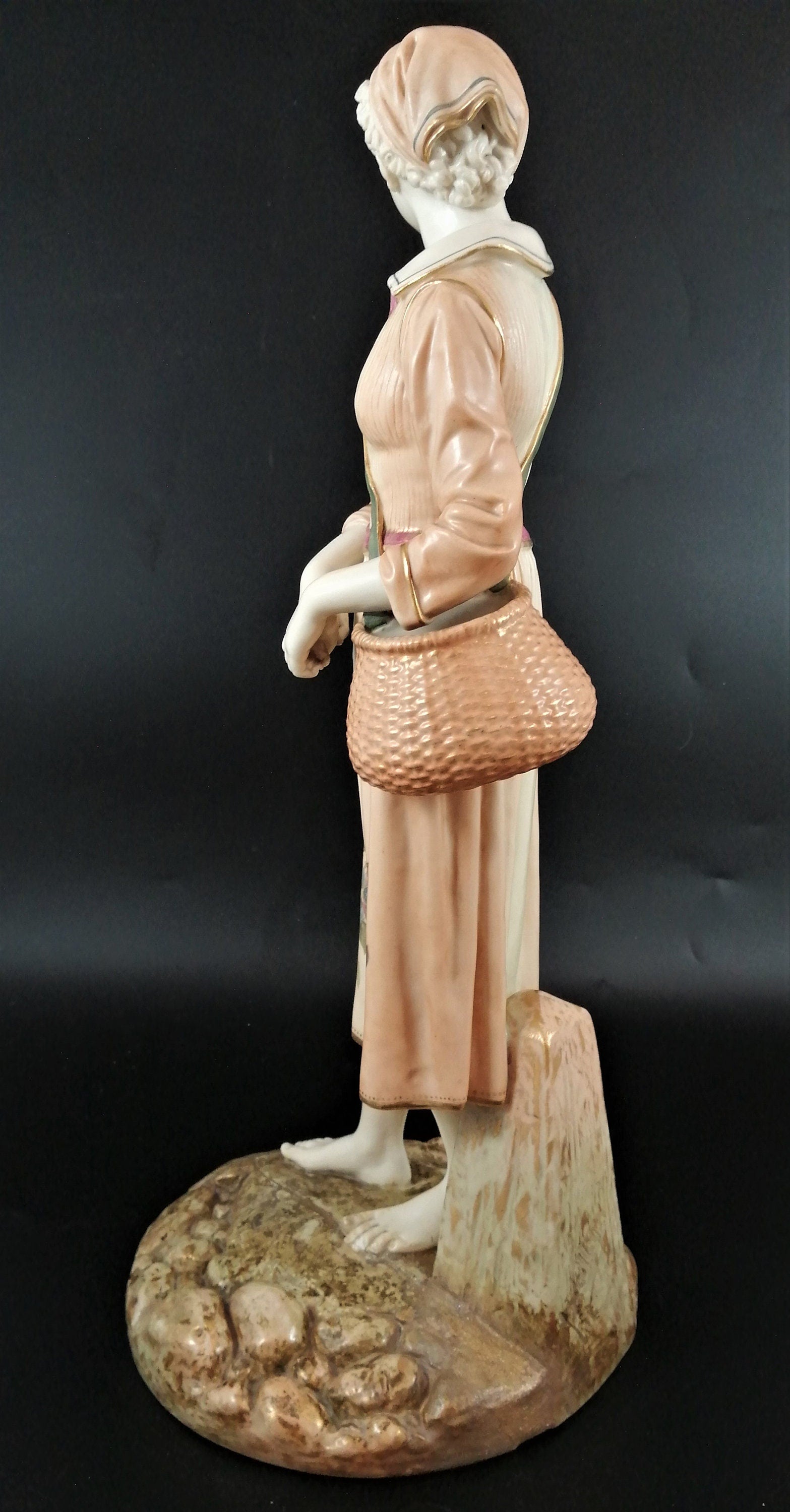 Royal Worcester Porcelain Figurine: French Fisher Girl, James Hadley 1886, 17" Antique Decor