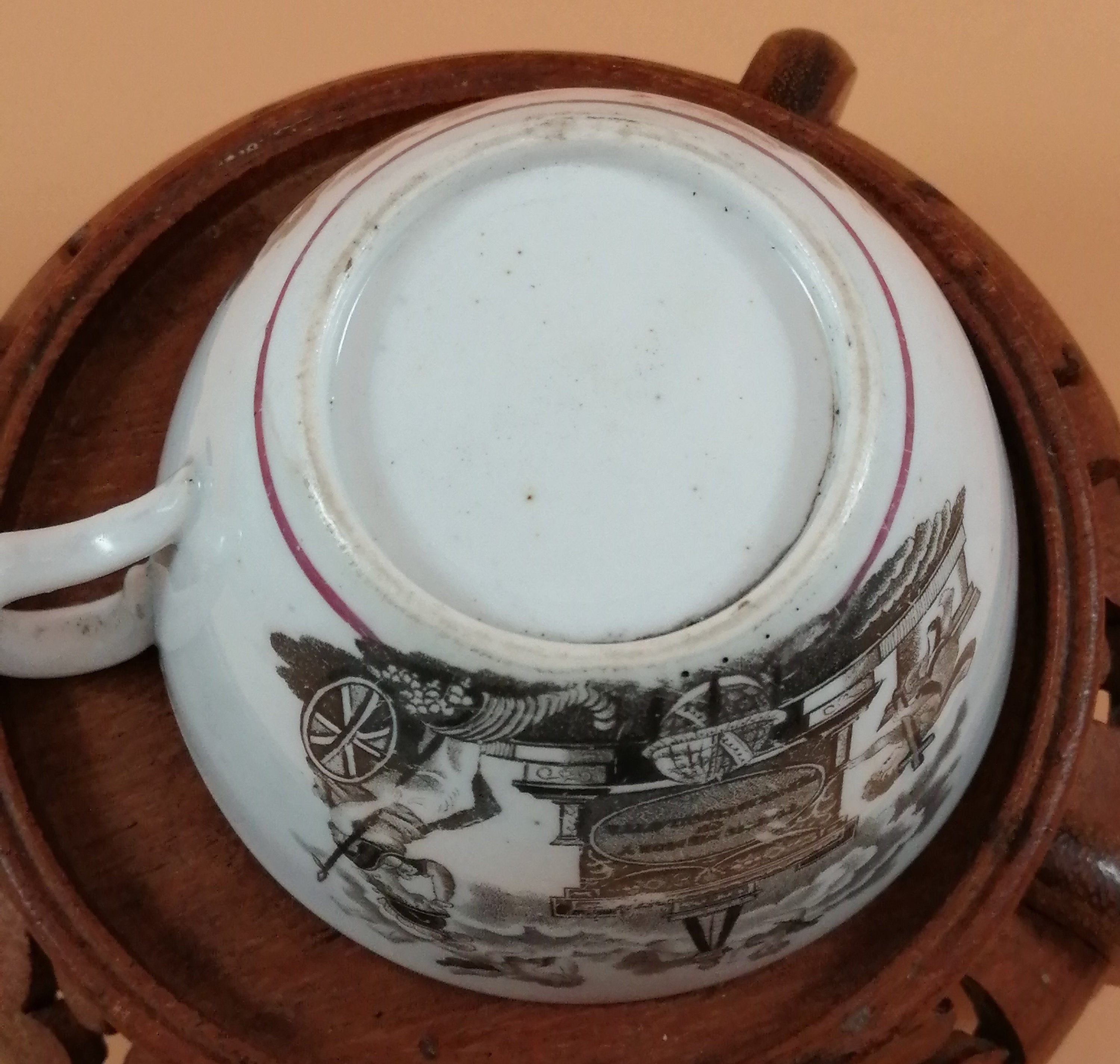 Antique Staffordshire Princess Charlotte Memorial Tea Cup & Saucer: 1817 Puce Lustreware