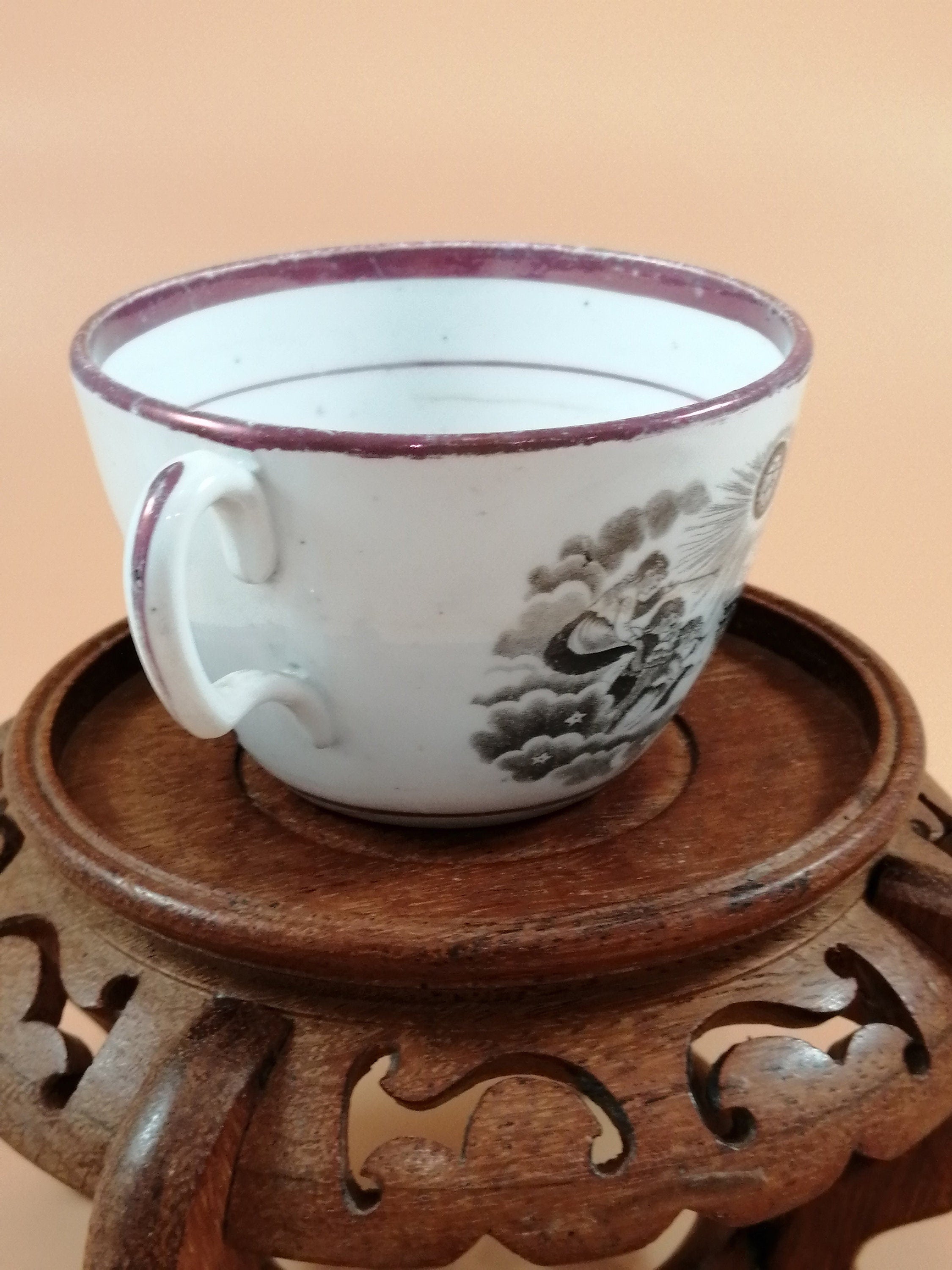Antique Staffordshire Princess Charlotte Memorial Tea Cup & Saucer: 1817 Puce Lustreware