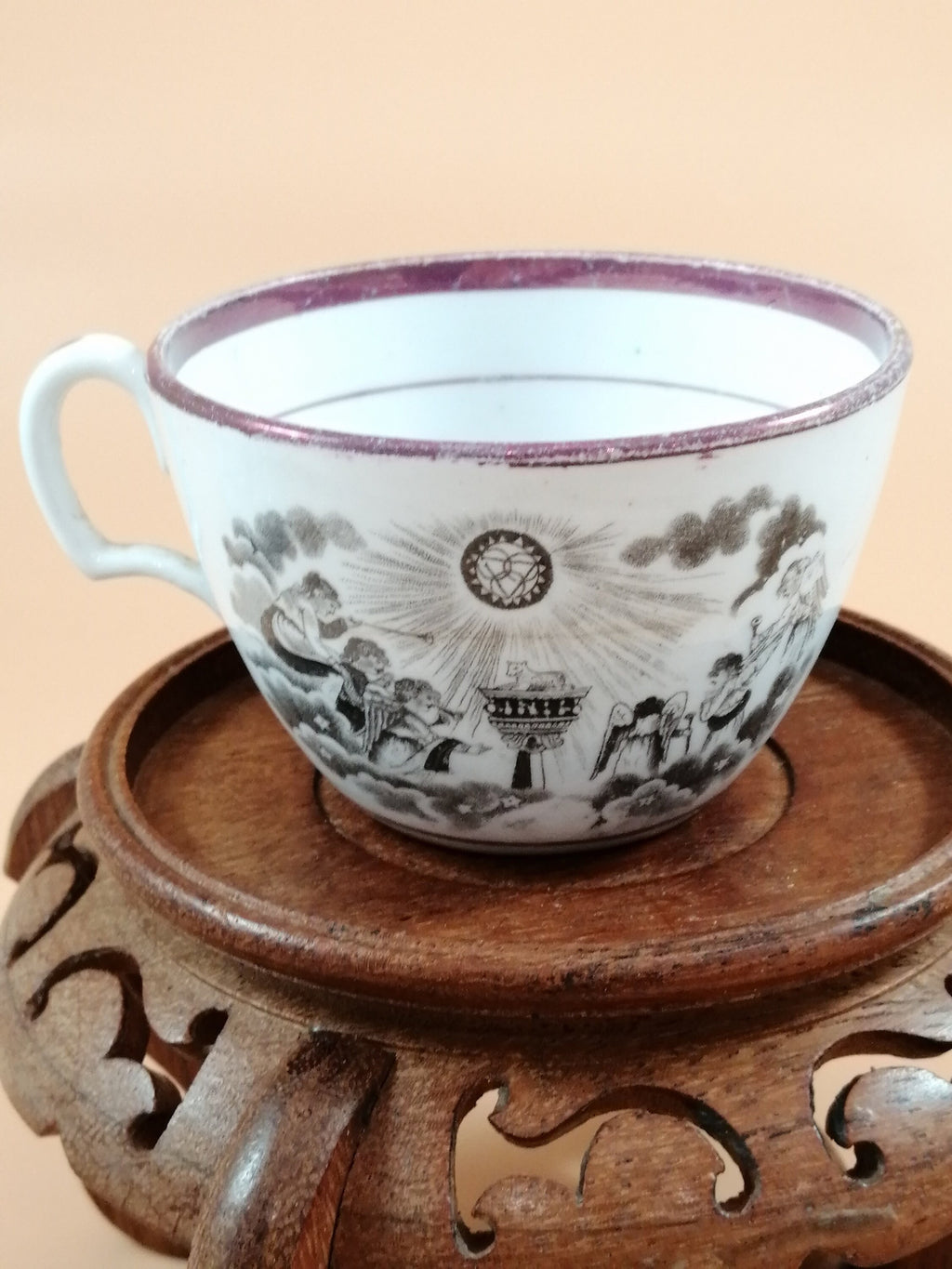 Antique Staffordshire Princess Charlotte Memorial Tea Cup & Saucer: 1817 Puce Lustreware
