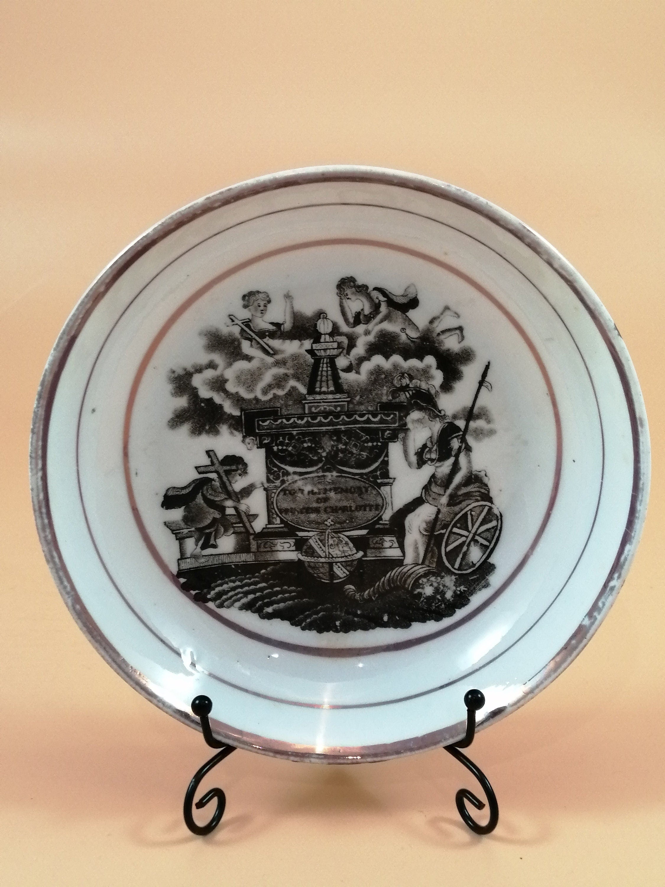 Antique Staffordshire Princess Charlotte Memorial Tea Cup & Saucer: 1817 Puce Lustreware