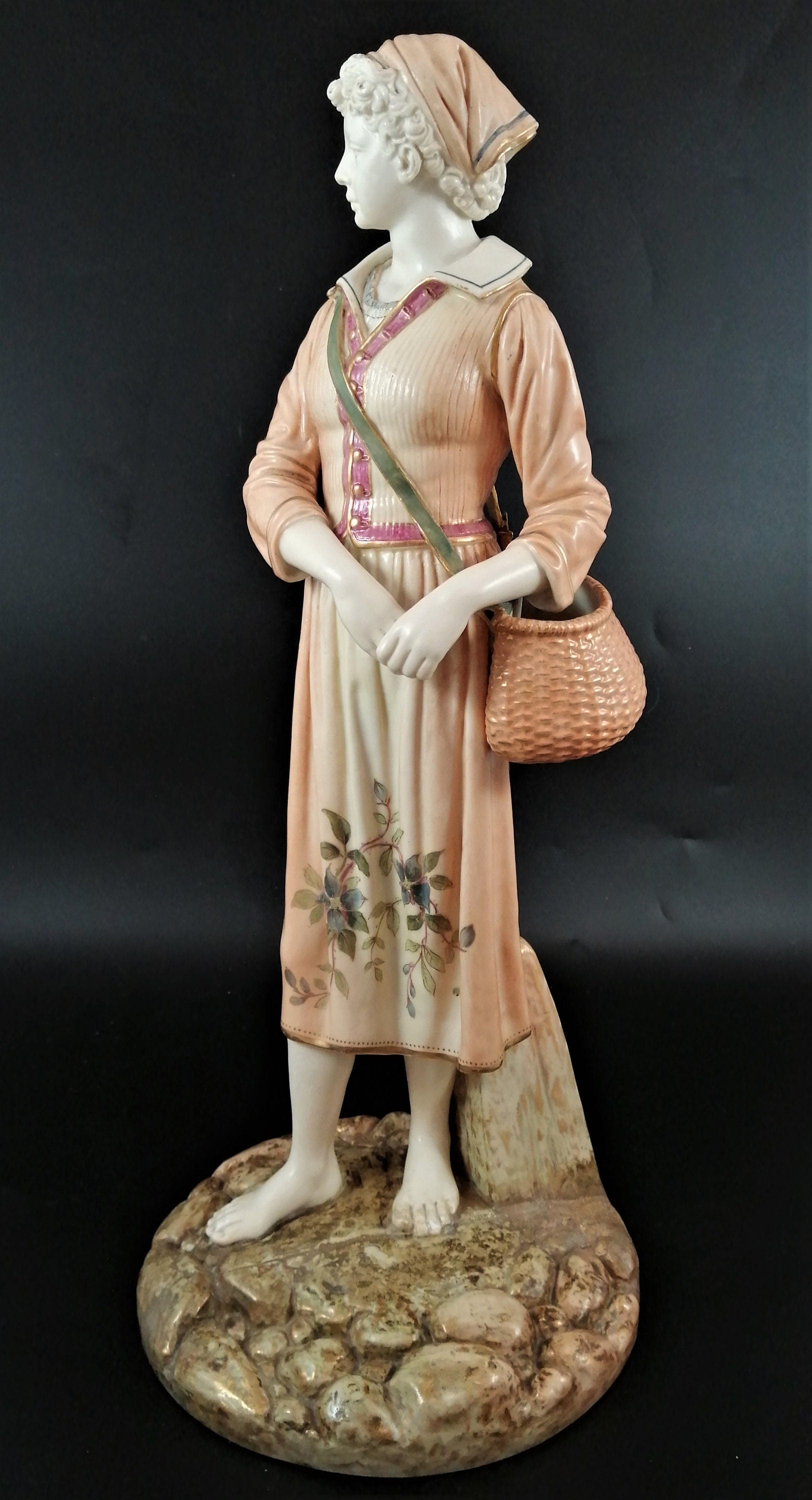 Royal Worcester Porcelain Figurine: French Fisher Girl, James Hadley 1886, 17" Antique Decor