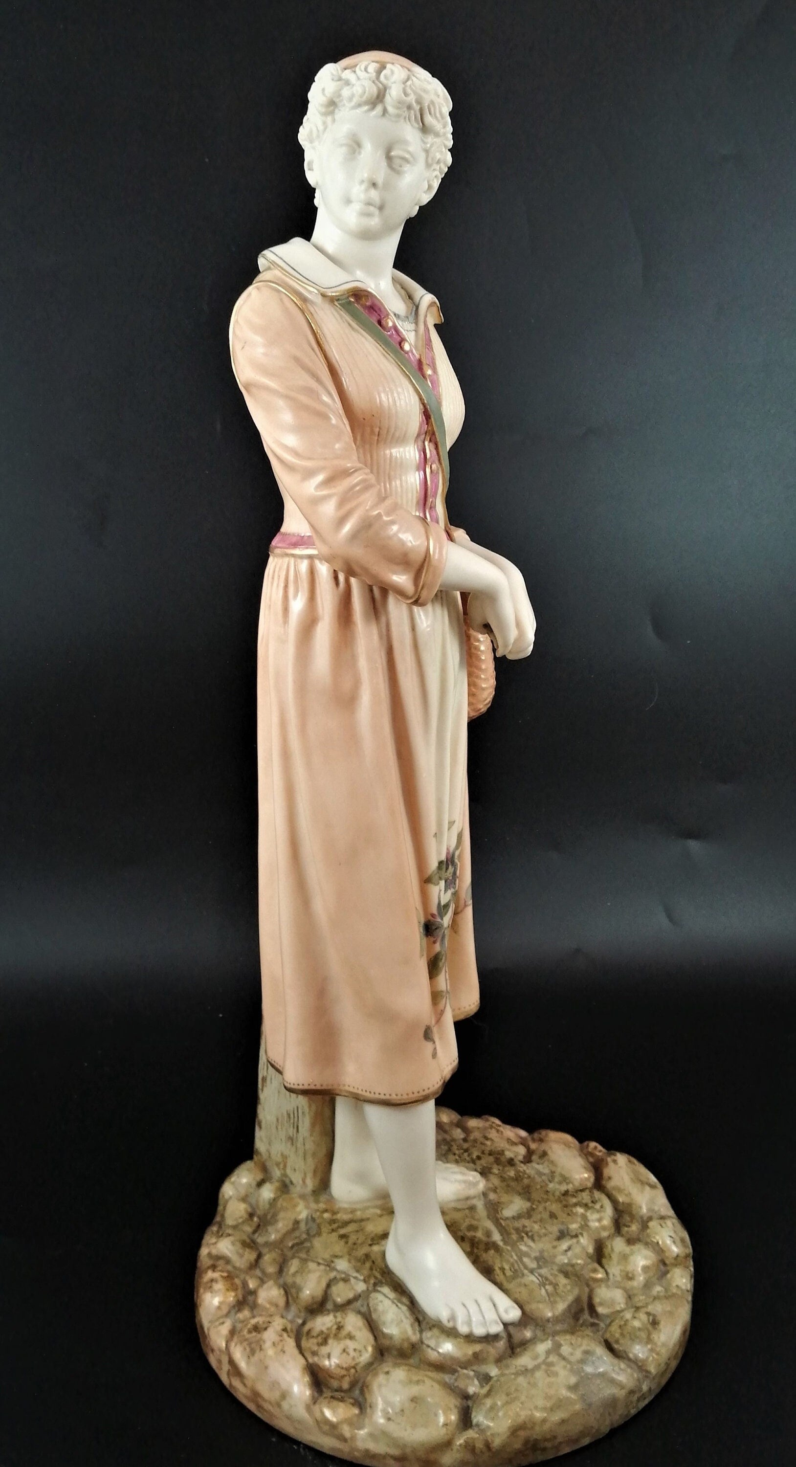 Royal Worcester Porcelain Figurine: French Fisher Girl, James Hadley 1886, 17" Antique Decor