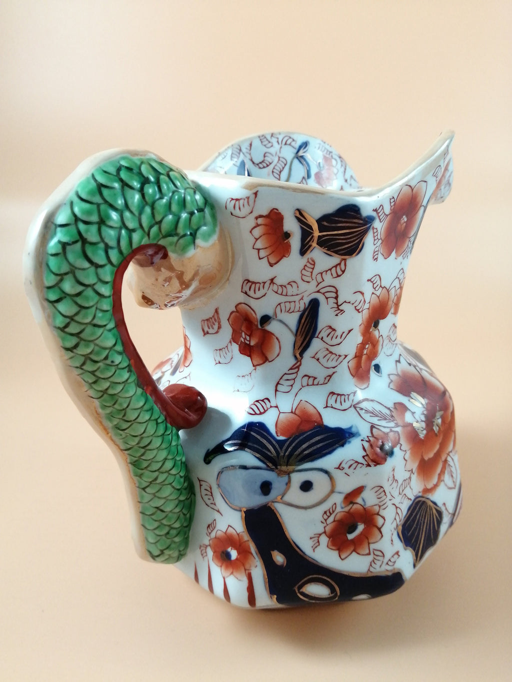 Antique Mason's Ironstone Jug: Serpent Handle, Imari Palette, Gilded Accents