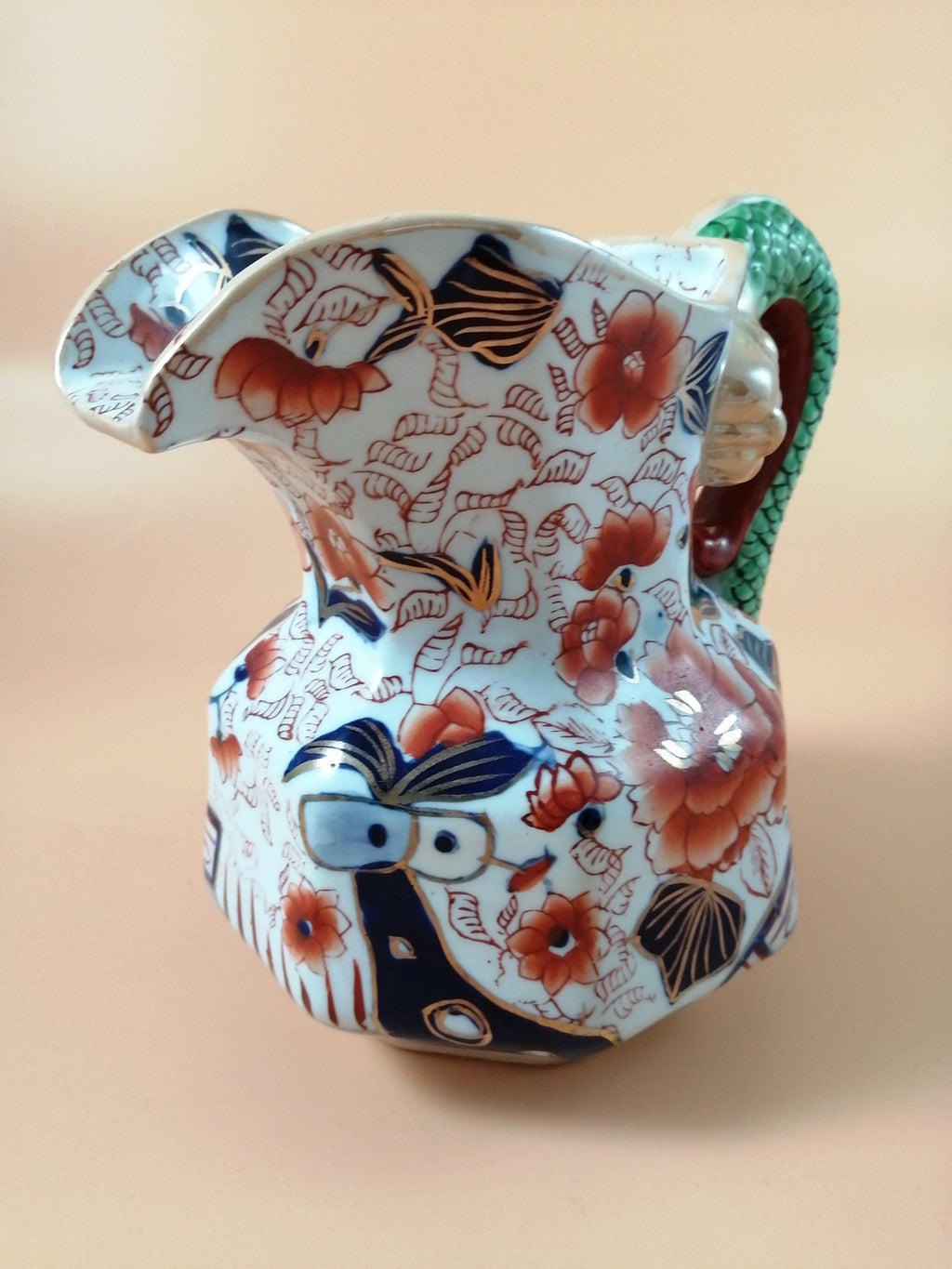Antique Mason's Ironstone Jug: Serpent Handle, Imari Palette, Gilded Accents