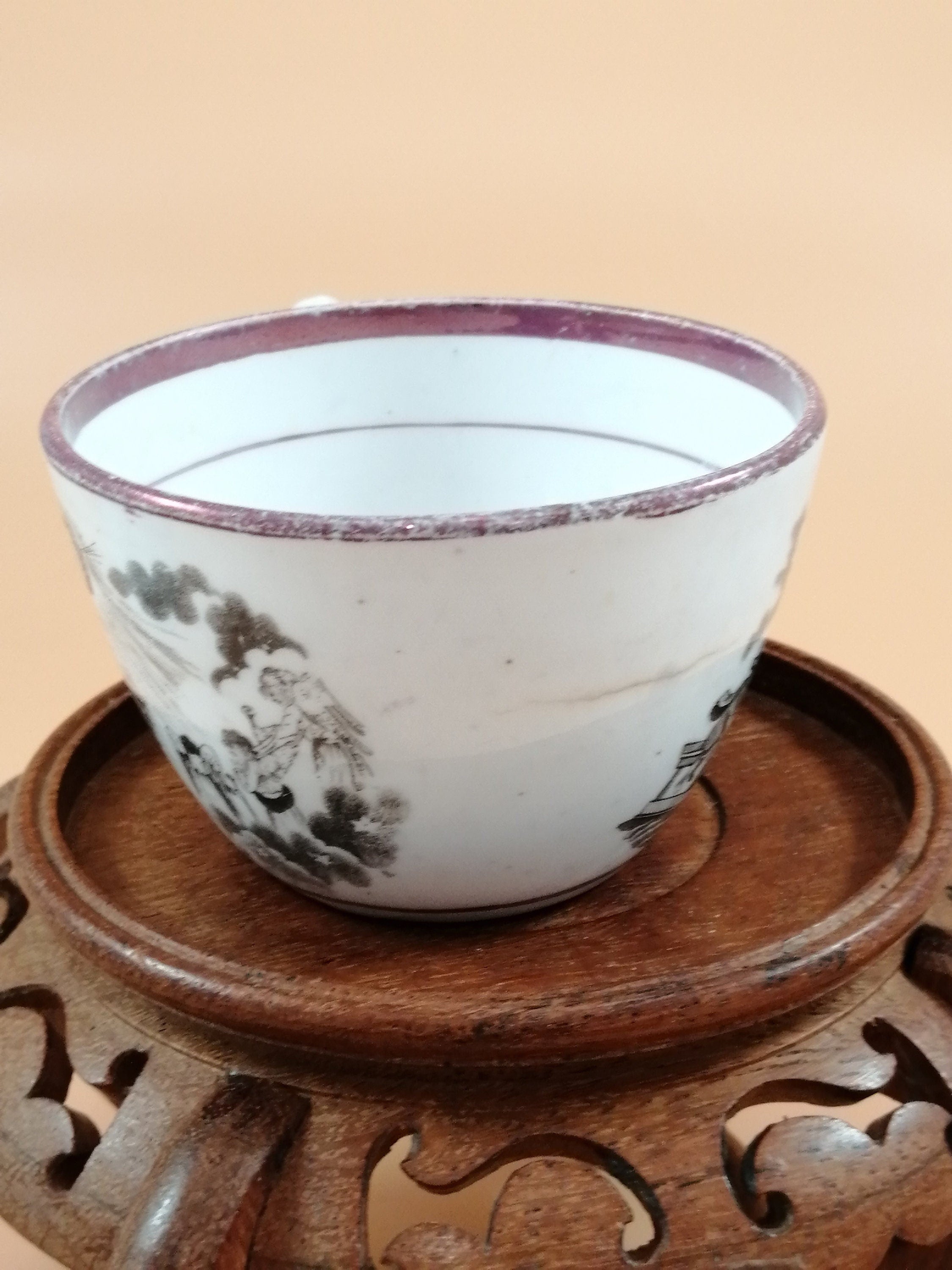 Antique Staffordshire Princess Charlotte Memorial Tea Cup & Saucer: 1817 Puce Lustreware