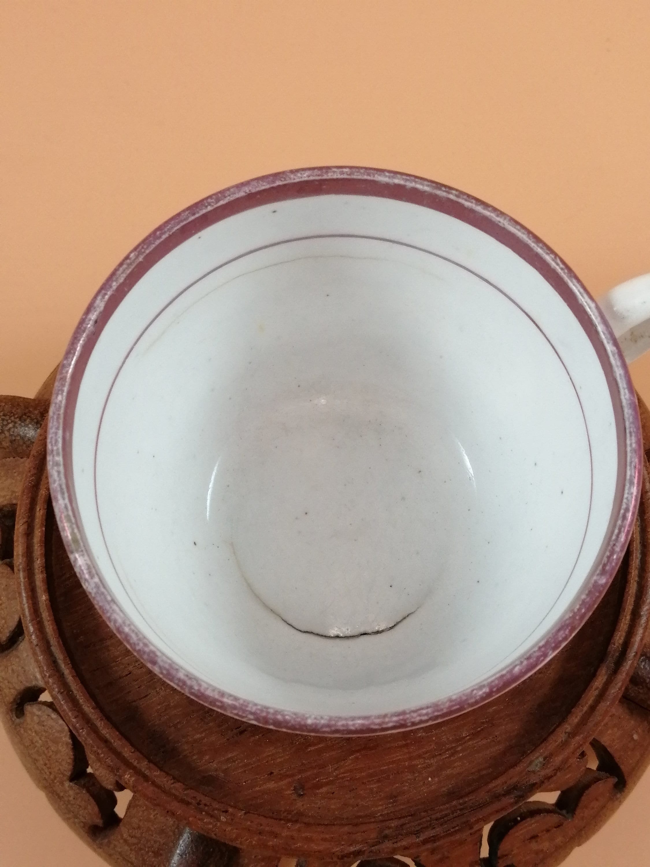 Antique Staffordshire Princess Charlotte Memorial Tea Cup & Saucer: 1817 Puce Lustreware