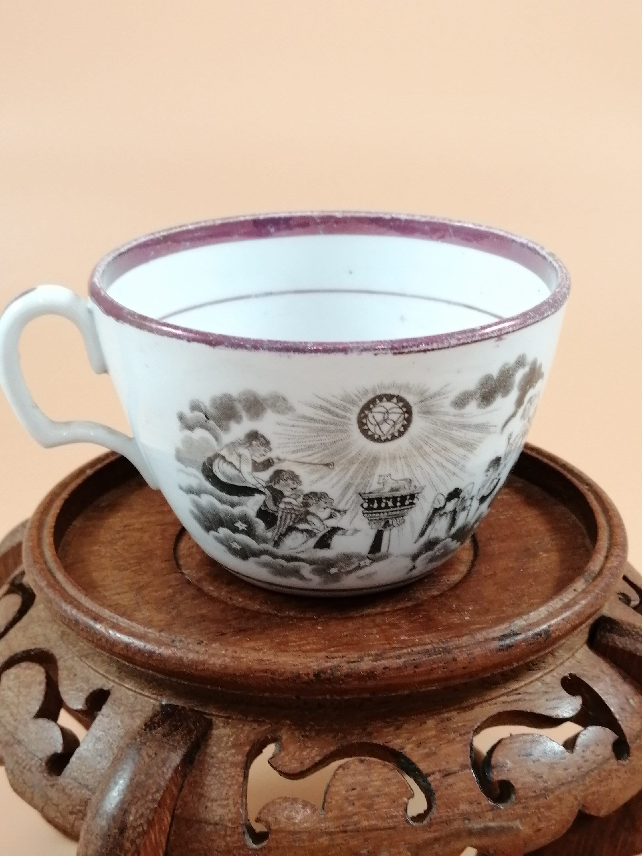Antique Staffordshire Princess Charlotte Memorial Tea Cup & Saucer: 1817 Puce Lustreware
