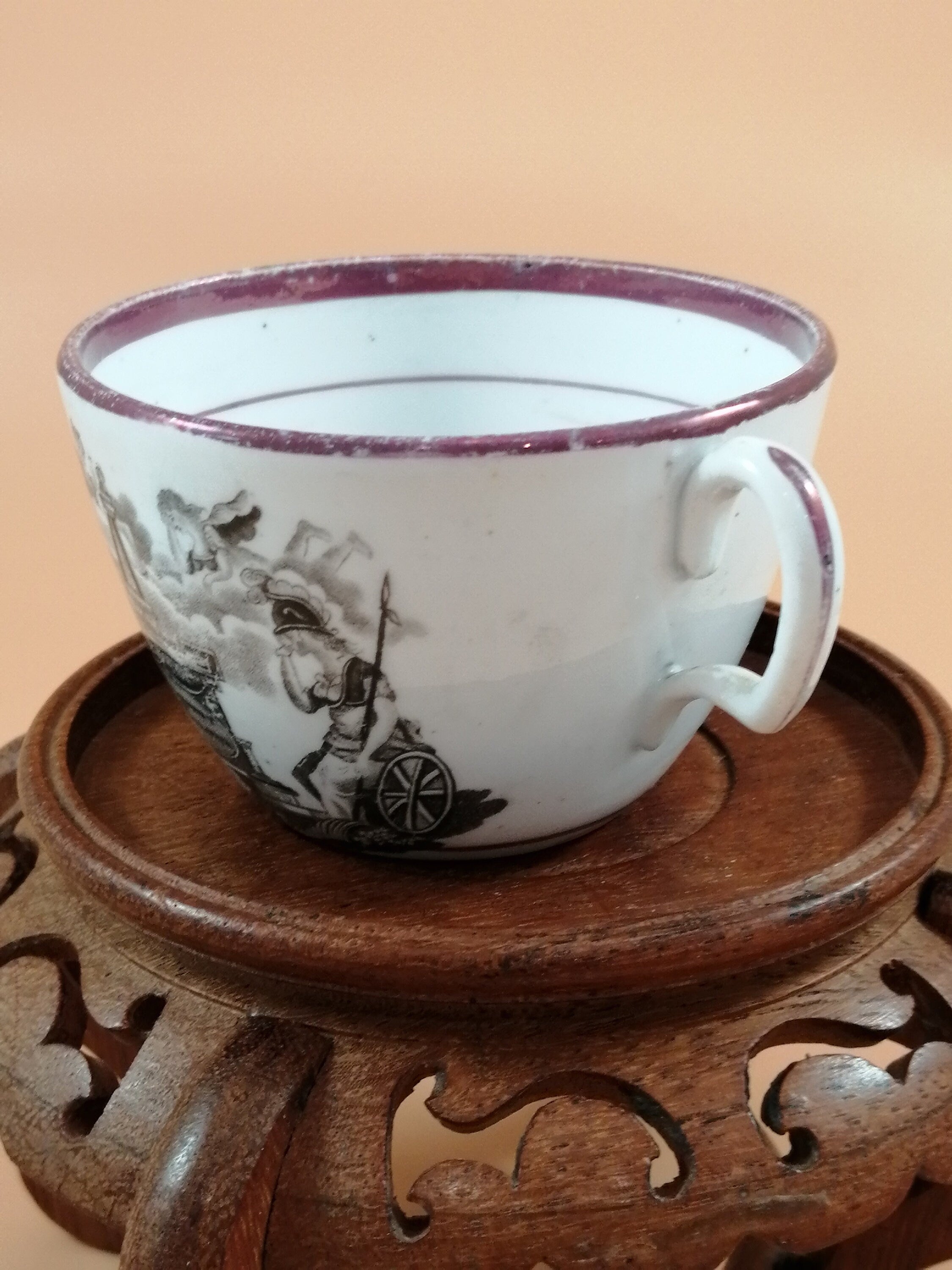 Antique Staffordshire Princess Charlotte Memorial Tea Cup & Saucer: 1817 Puce Lustreware