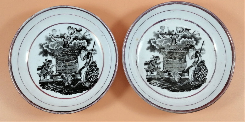 Rare Princess Charlotte Commemorative Saucers: Staffordshire Puce Lustre Mourning Ware, 1817