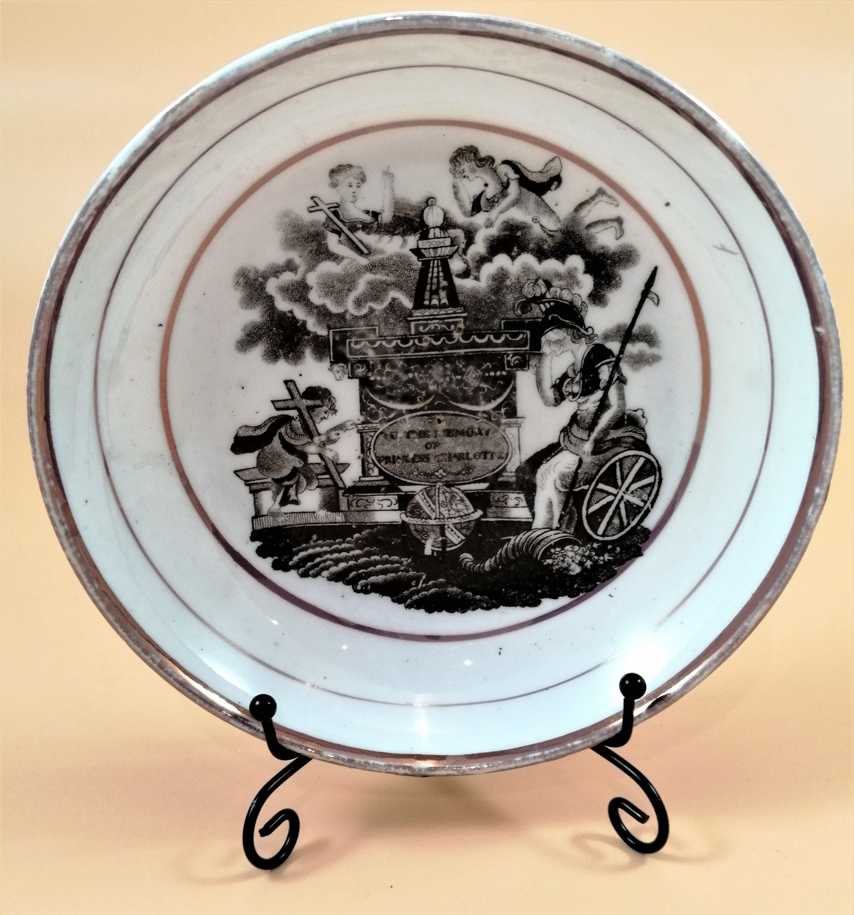 Rare Princess Charlotte Commemorative Saucers: Staffordshire Puce Lustre Mourning Ware, 1817
