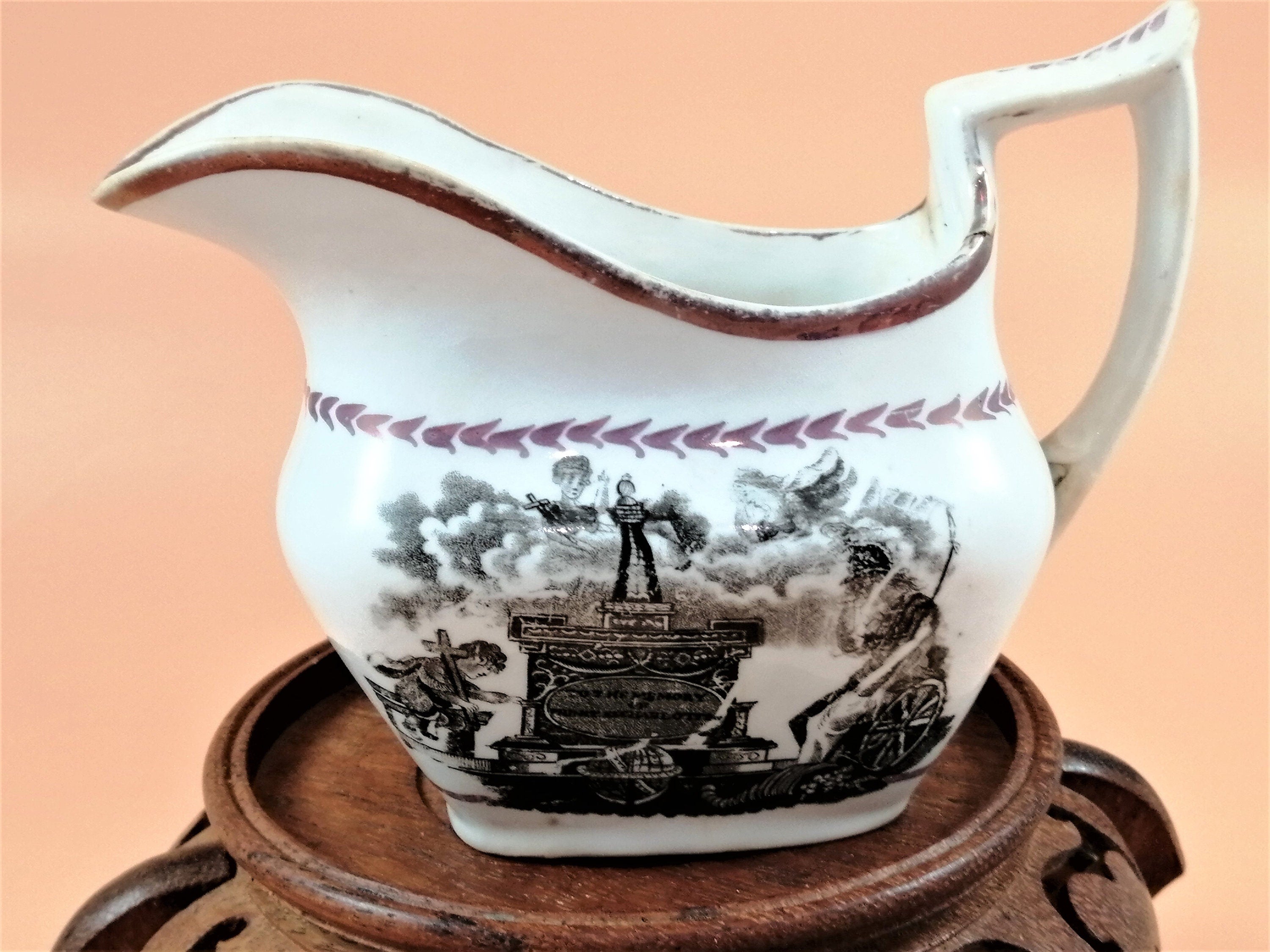 Antique 1817 Princess Charlotte Lustreware Jug: Staffordshire Britannia Mourning Print