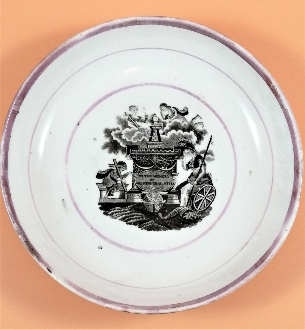 Antique Staffordshire Lustreware Saucer: Princess Charlotte Memorial, 1817