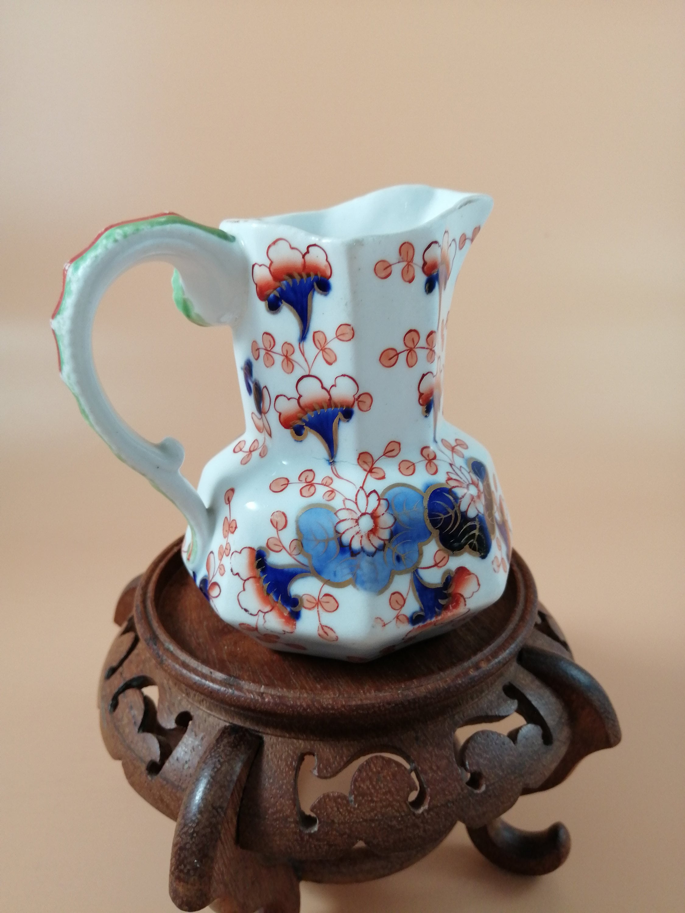 Antique Gaudy Welsh Ironstone Jug: Dragon Handle, Floral Decor, c. 1830