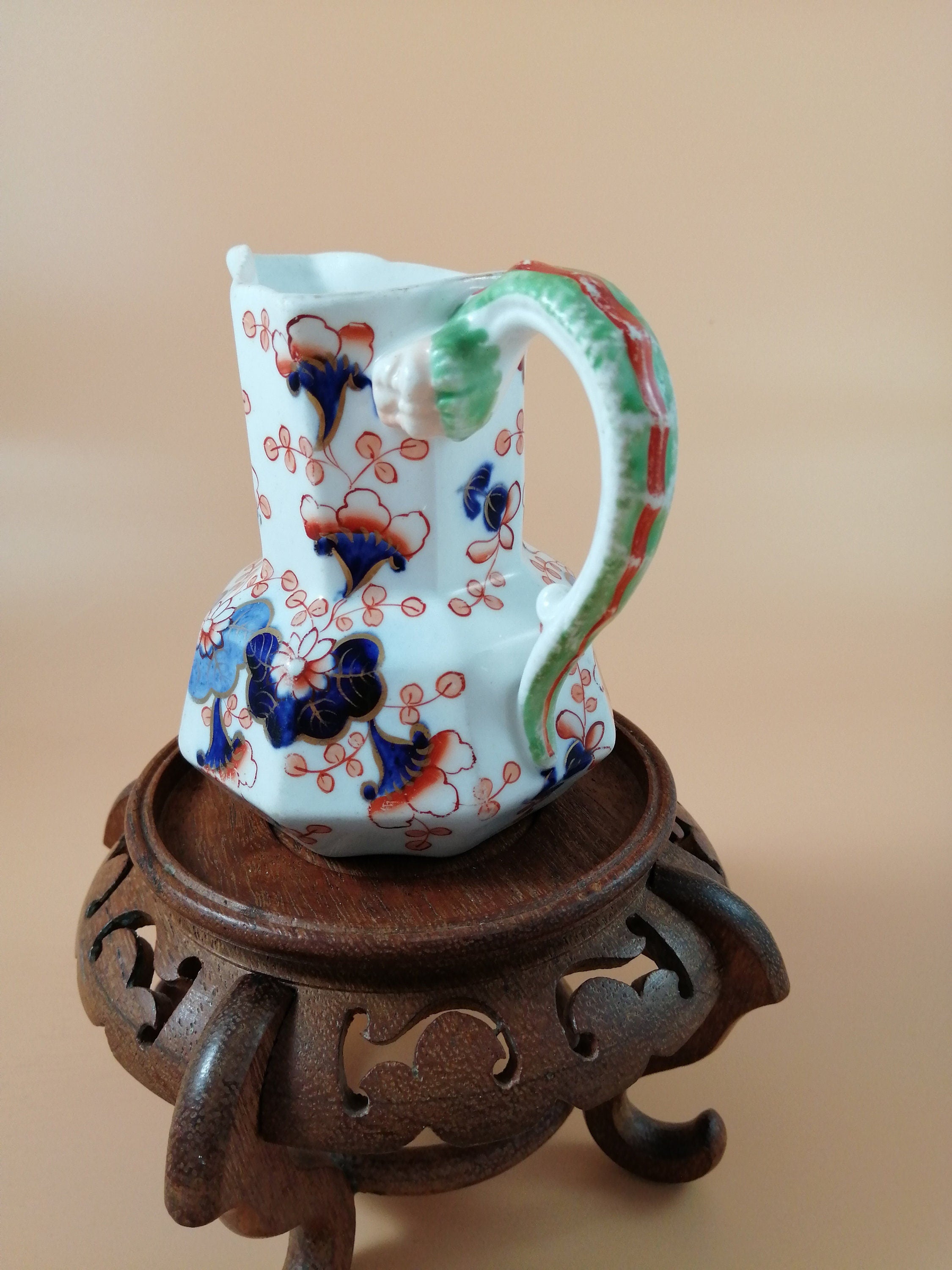 Antique Gaudy Welsh Ironstone Jug: Dragon Handle, Floral Decor, c. 1830