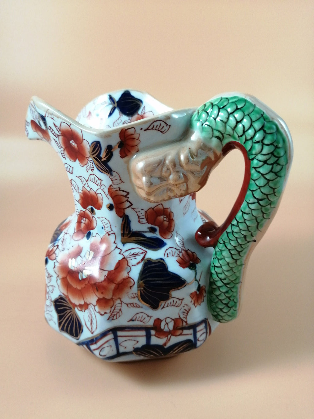 Antique Mason's Ironstone Jug: Serpent Handle, Imari Palette, Gilded Accents