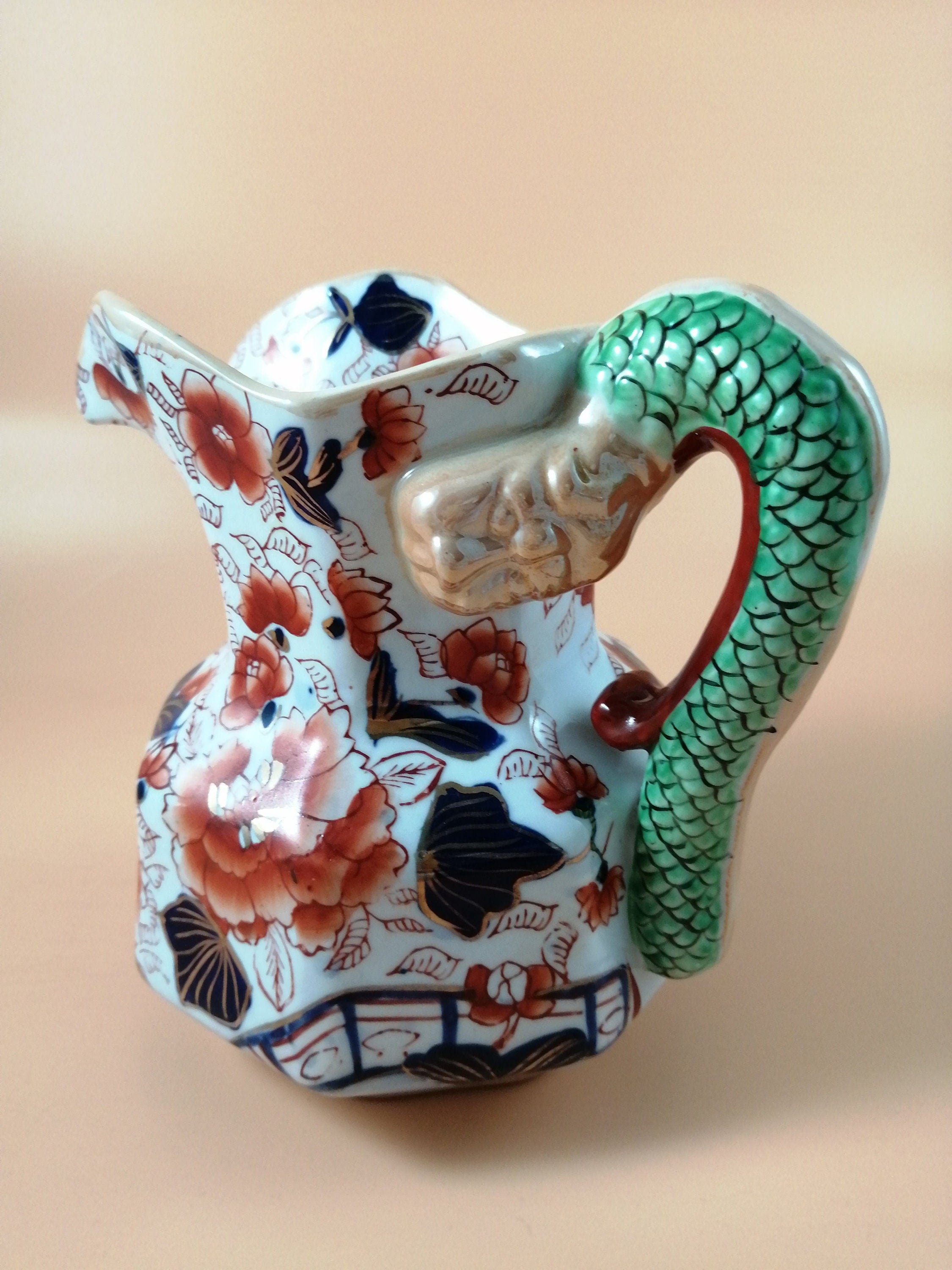 Antique Mason's Ironstone Jug: Serpent Handle, Imari Palette, Gilded Accents