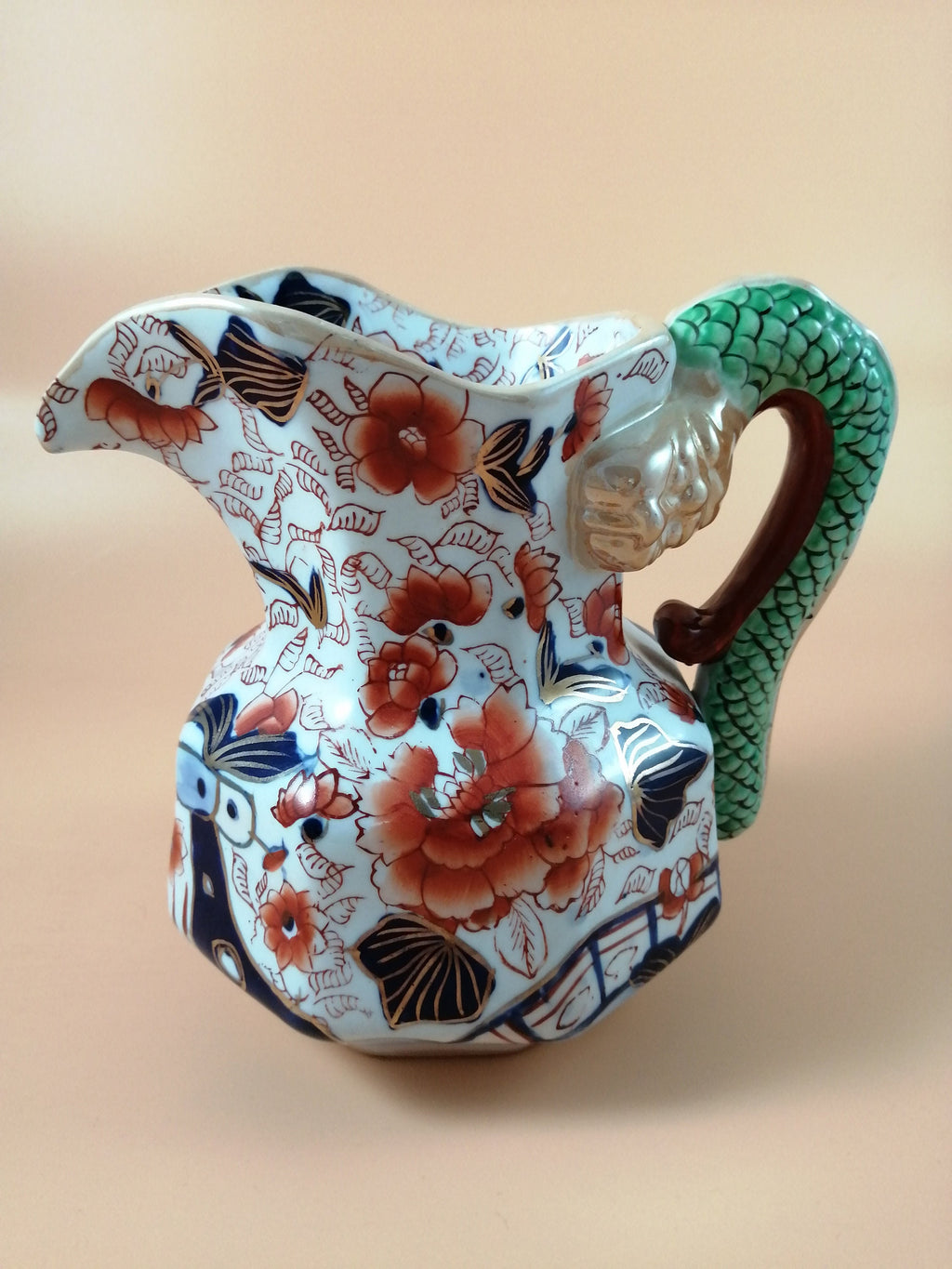 Antique Mason's Ironstone Jug: Serpent Handle, Imari Palette, Gilded Accents