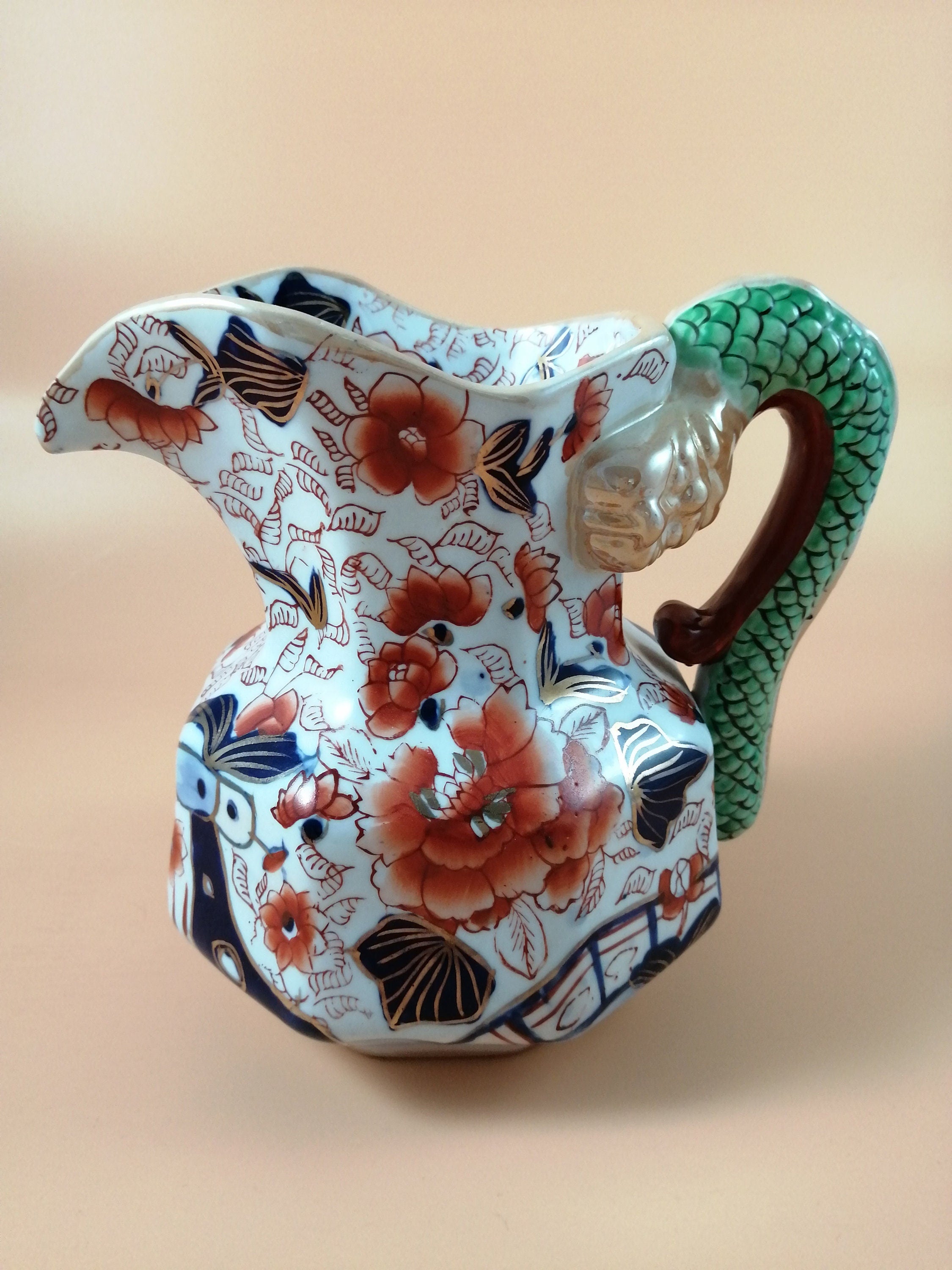 Antique Mason's Ironstone Jug: Serpent Handle, Imari Palette, Gilded Accents