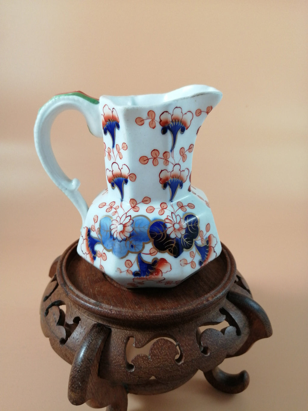 Antique Gaudy Welsh Ironstone Jug: Dragon Handle, Floral Decor, c. 1830