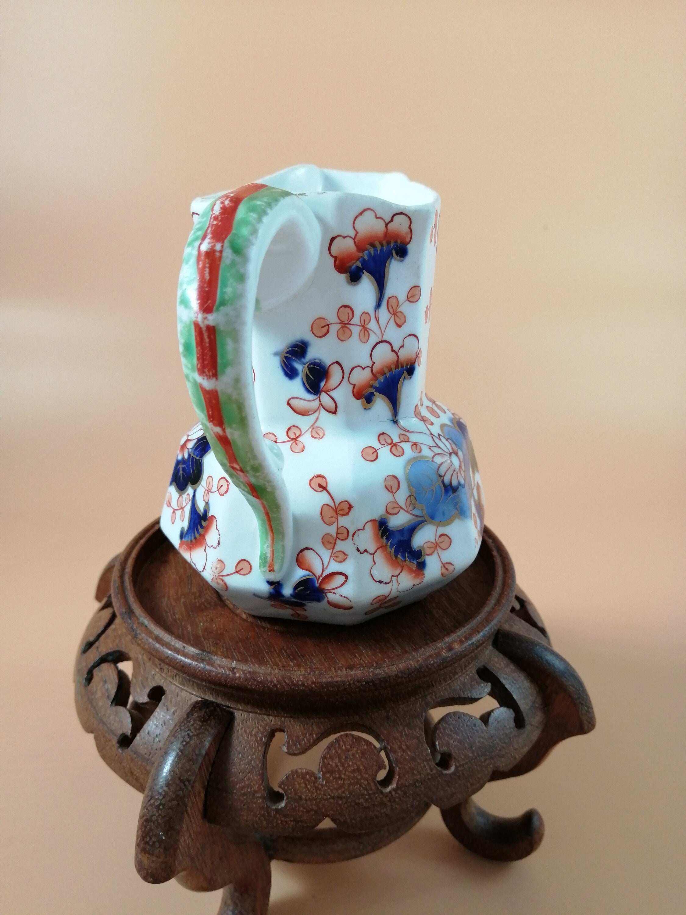 Antique Gaudy Welsh Ironstone Jug: Dragon Handle, Floral Decor, c. 1830