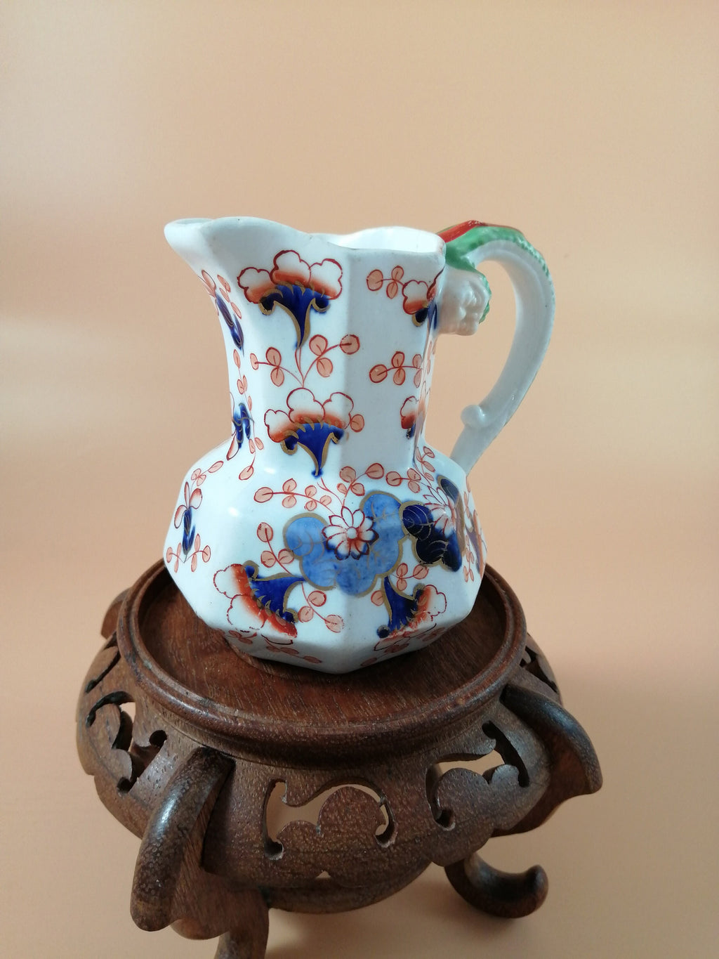 Antique Gaudy Welsh Ironstone Jug: Dragon Handle, Floral Decor, c. 1830