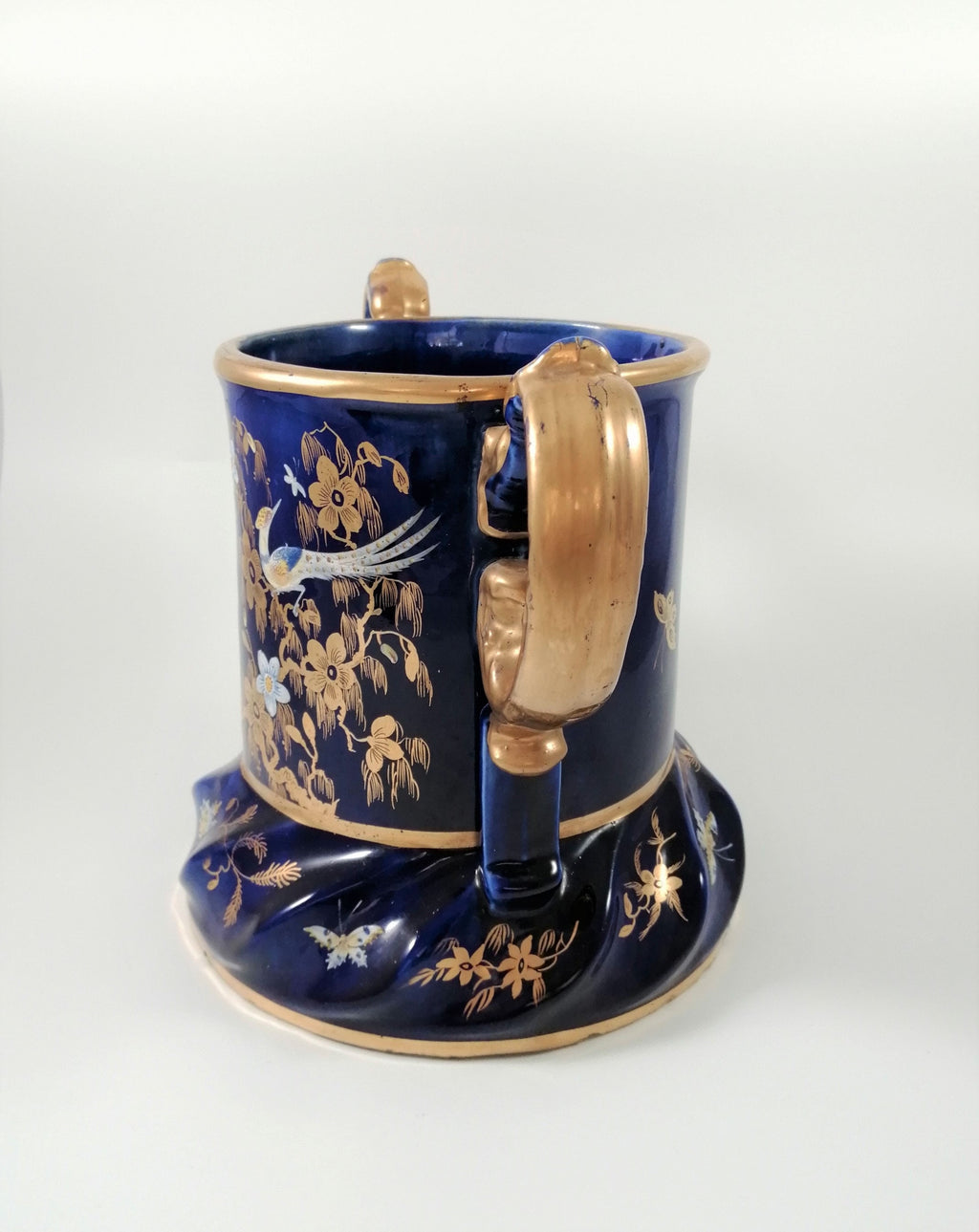 Rare Mason's Ironstone Wine Cooler: Gold Posies & Birds, Cobalt Blue, c. 1820