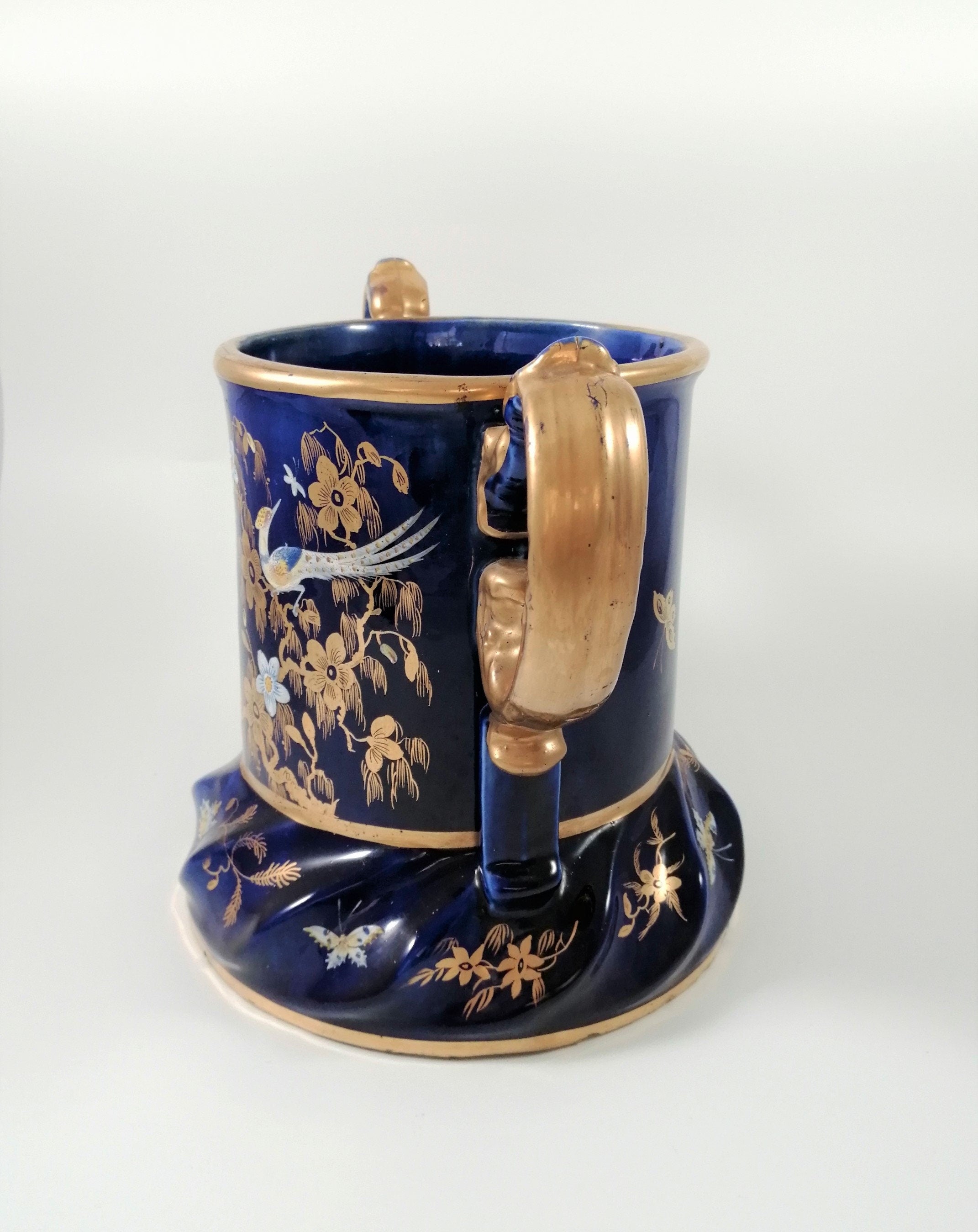 Rare Mason's Ironstone Wine Cooler: Gold Posies & Birds, Cobalt Blue, c. 1820