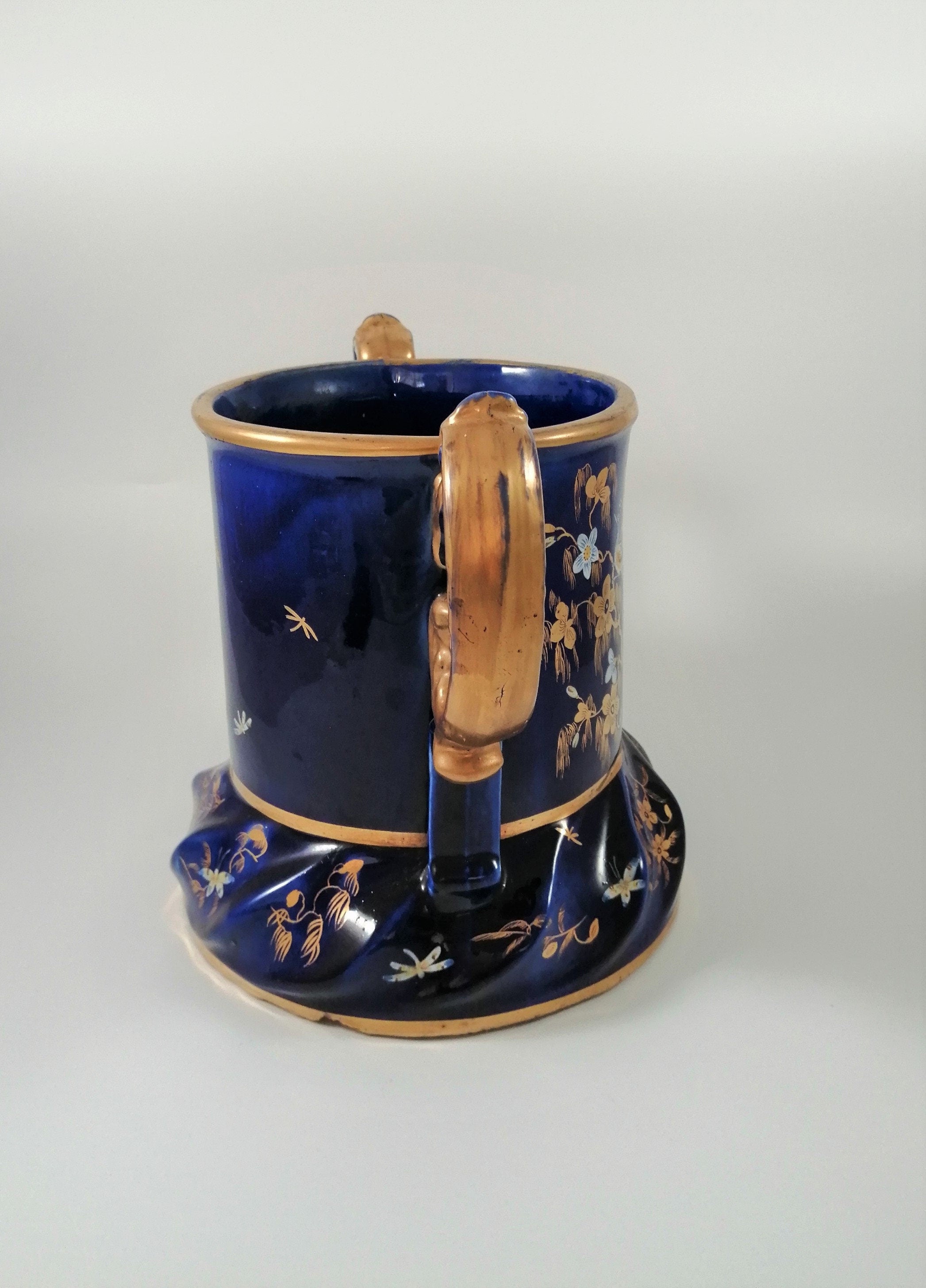 Rare Mason's Ironstone Wine Cooler: Gold Posies & Birds, Cobalt Blue, c. 1820