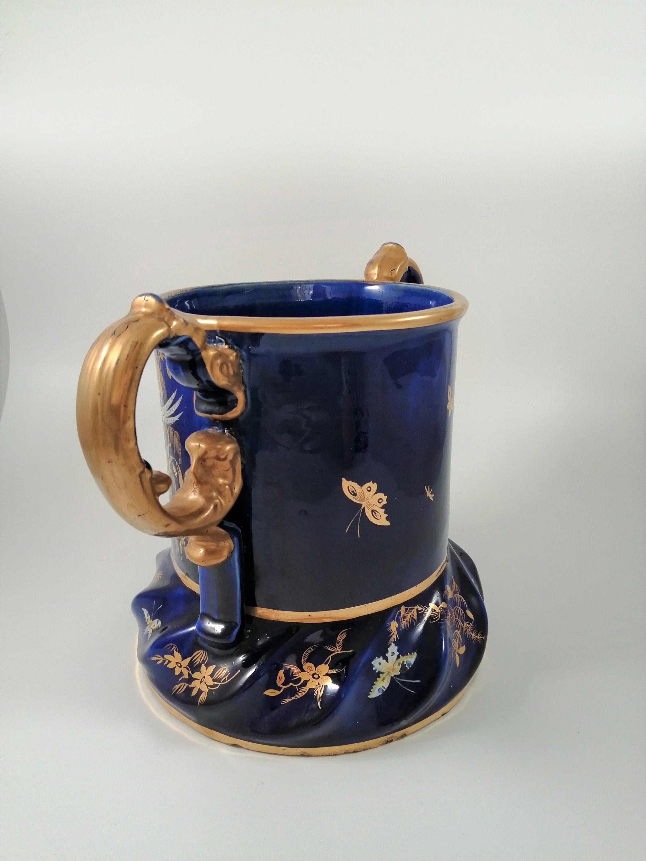 Rare Mason's Ironstone Wine Cooler: Gold Posies & Birds, Cobalt Blue, c. 1820
