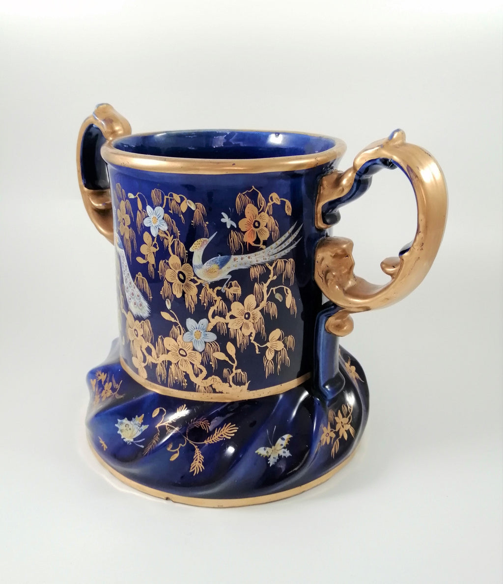 Rare Mason's Ironstone Wine Cooler: Gold Posies & Birds, Cobalt Blue, c. 1820