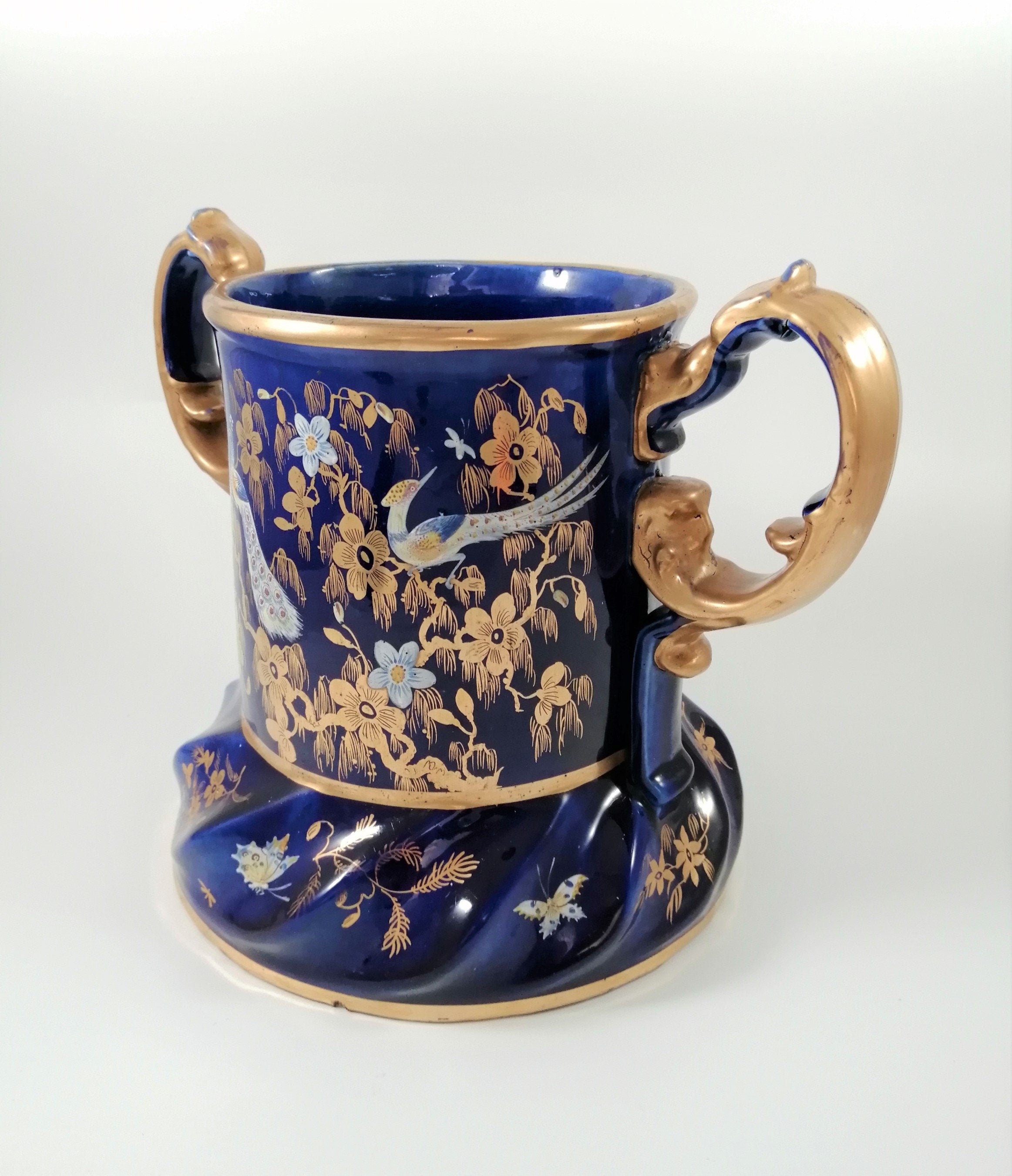 Rare Mason's Ironstone Wine Cooler: Gold Posies & Birds, Cobalt Blue, c. 1820