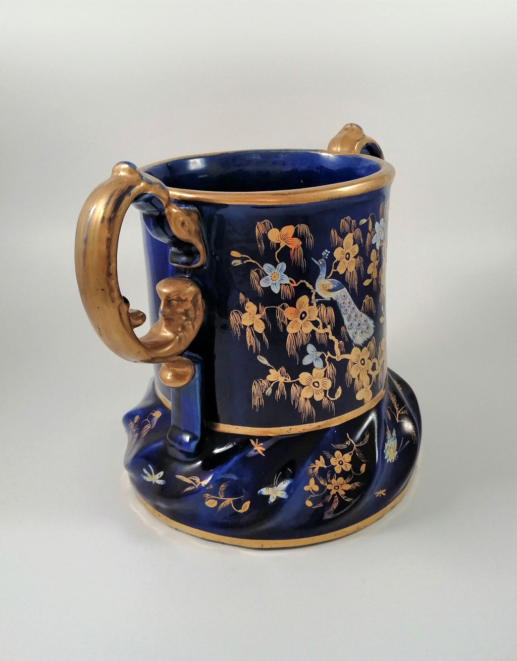 Rare Mason's Ironstone Wine Cooler: Gold Posies & Birds, Cobalt Blue, c. 1820
