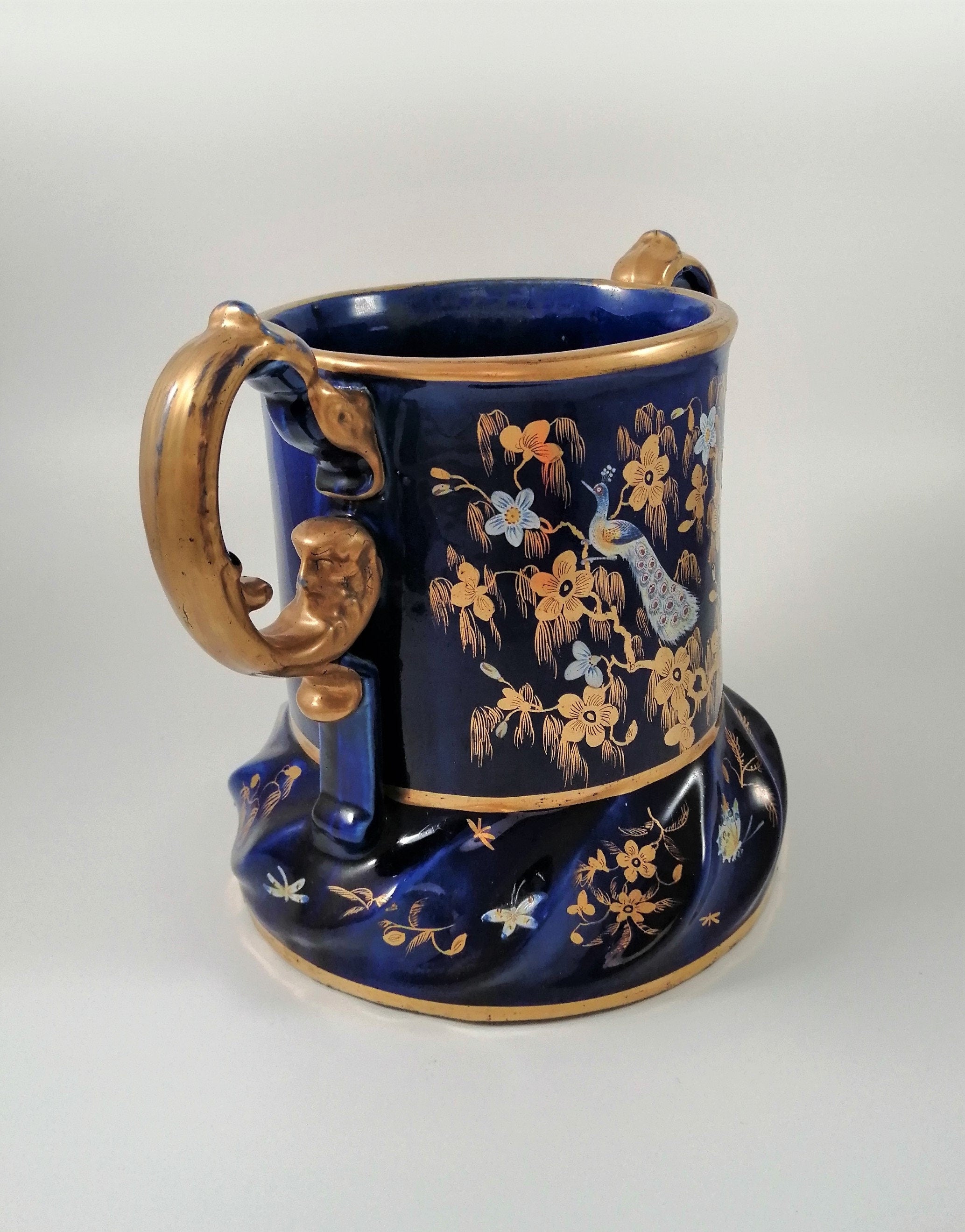 Rare Mason's Ironstone Wine Cooler: Gold Posies & Birds, Cobalt Blue, c. 1820