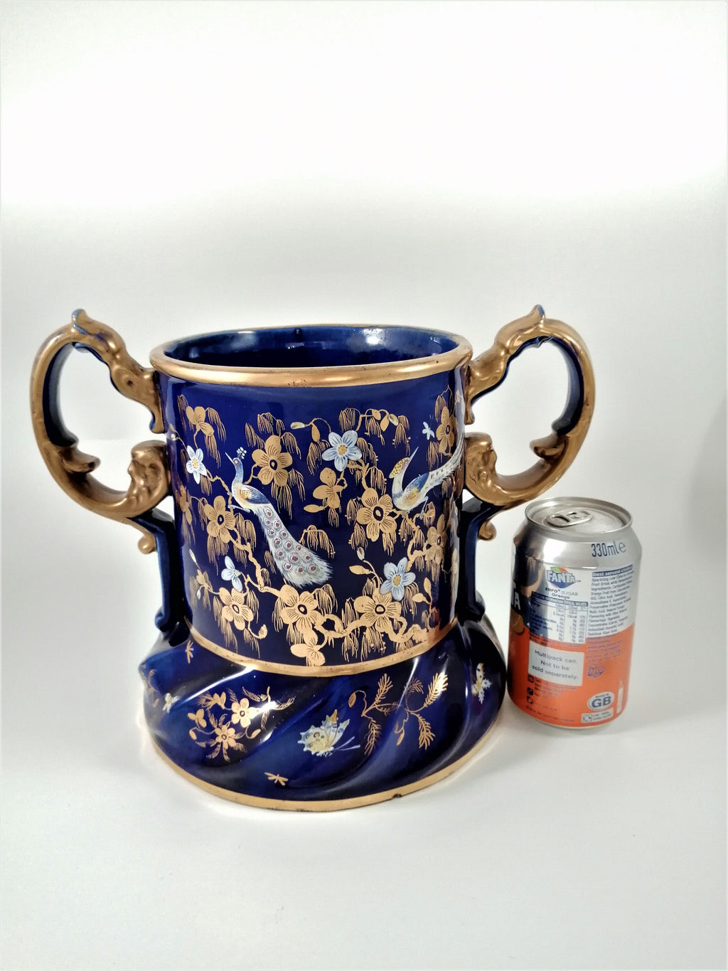 Rare Mason's Ironstone Wine Cooler: Gold Posies & Birds, Cobalt Blue, c. 1820