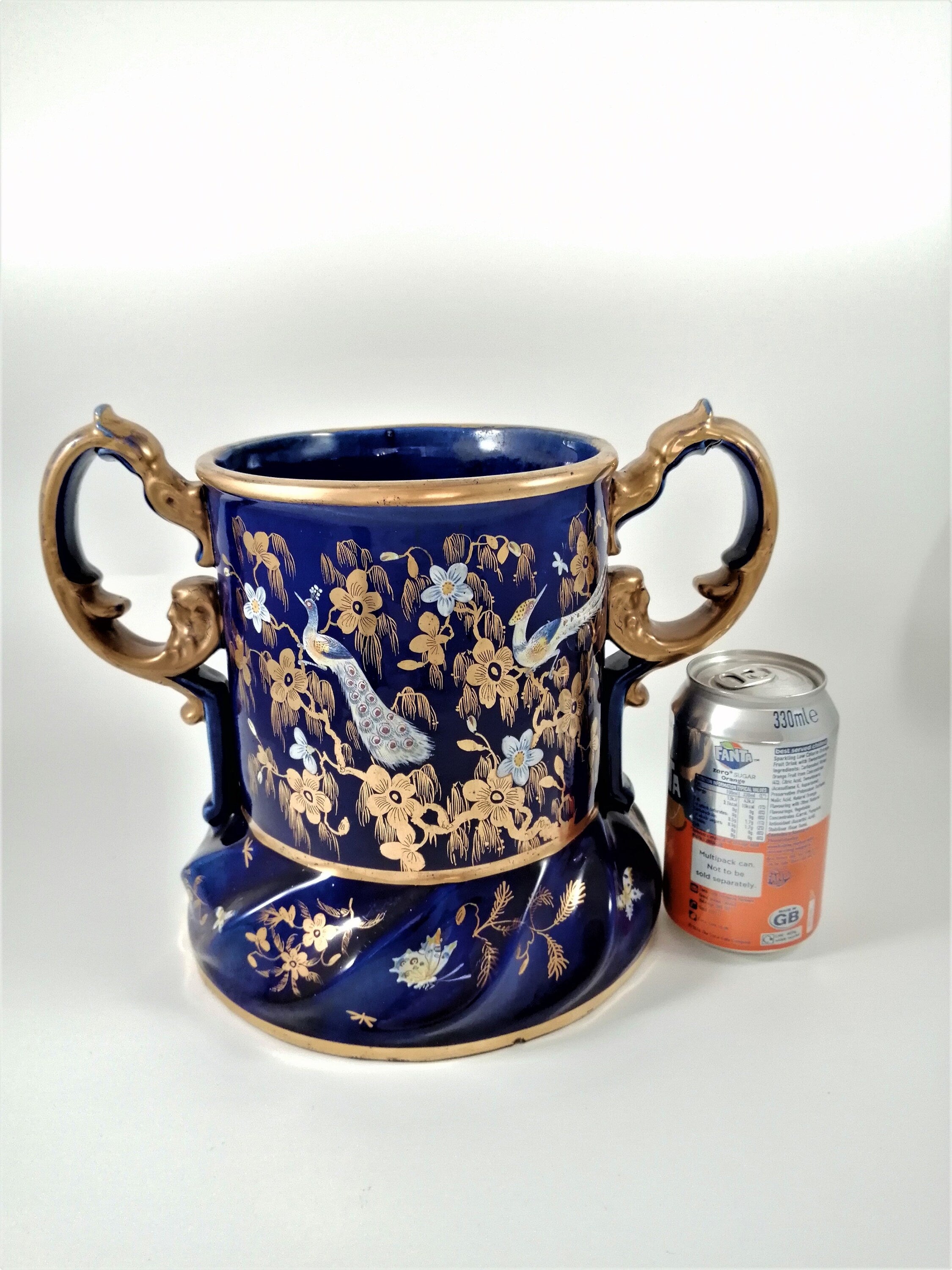Rare Mason's Ironstone Wine Cooler: Gold Posies & Birds, Cobalt Blue, c. 1820