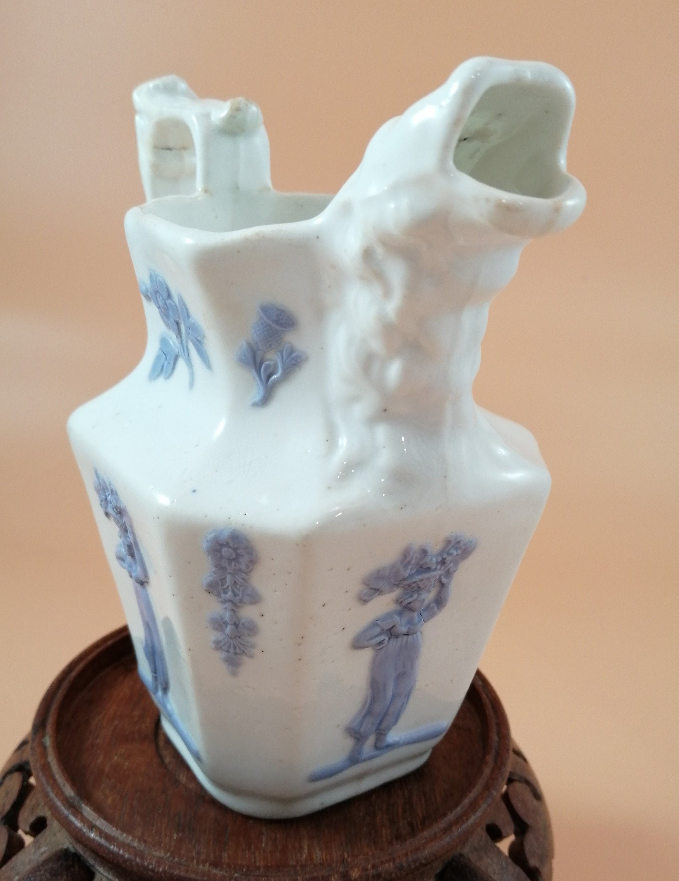Antique Georgian Porcelain Jug: Lion Head Spout, Lavender Sprigged Figures