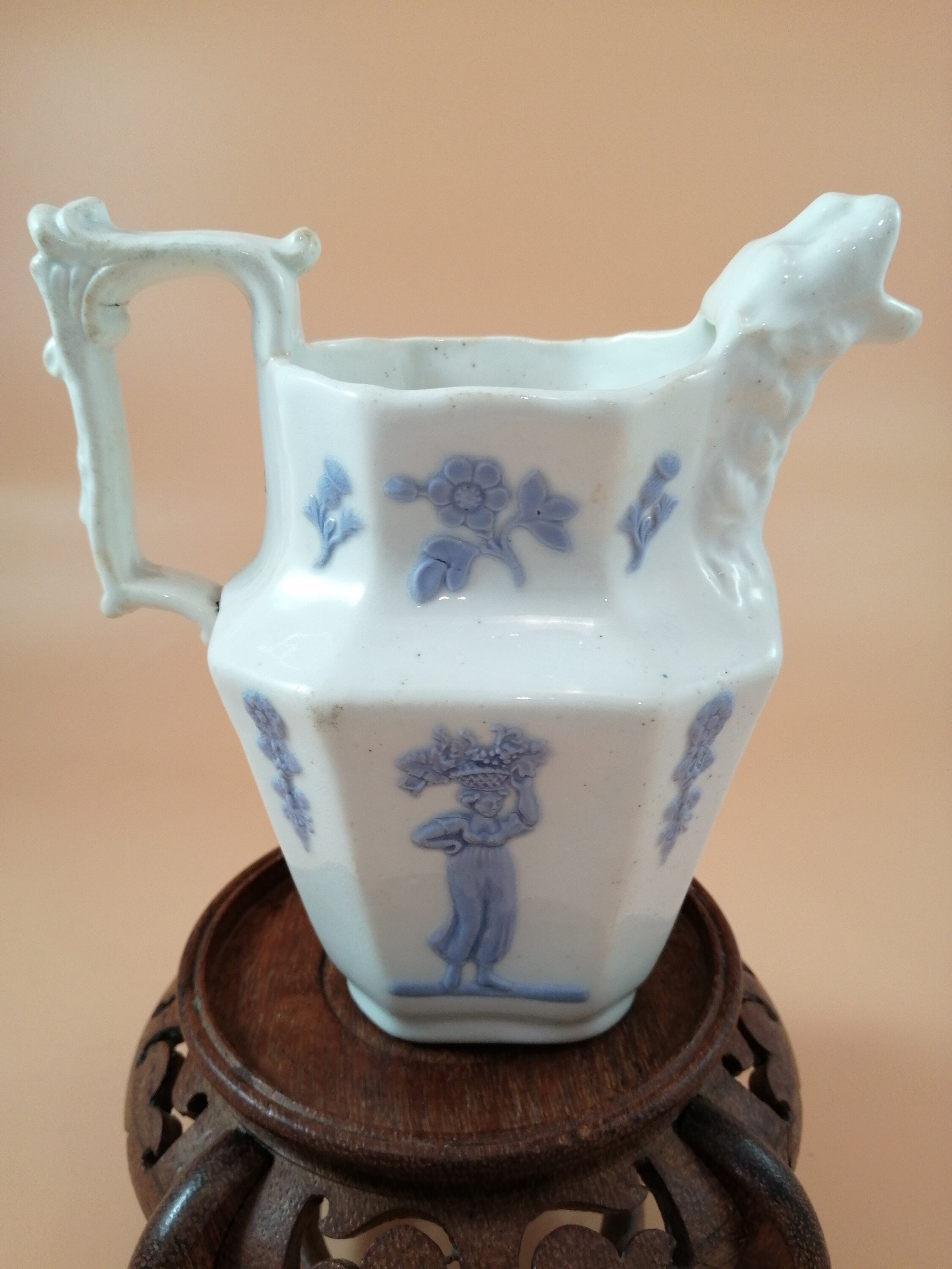 Antique Georgian Porcelain Jug: Lion Head Spout, Lavender Sprigged Figures