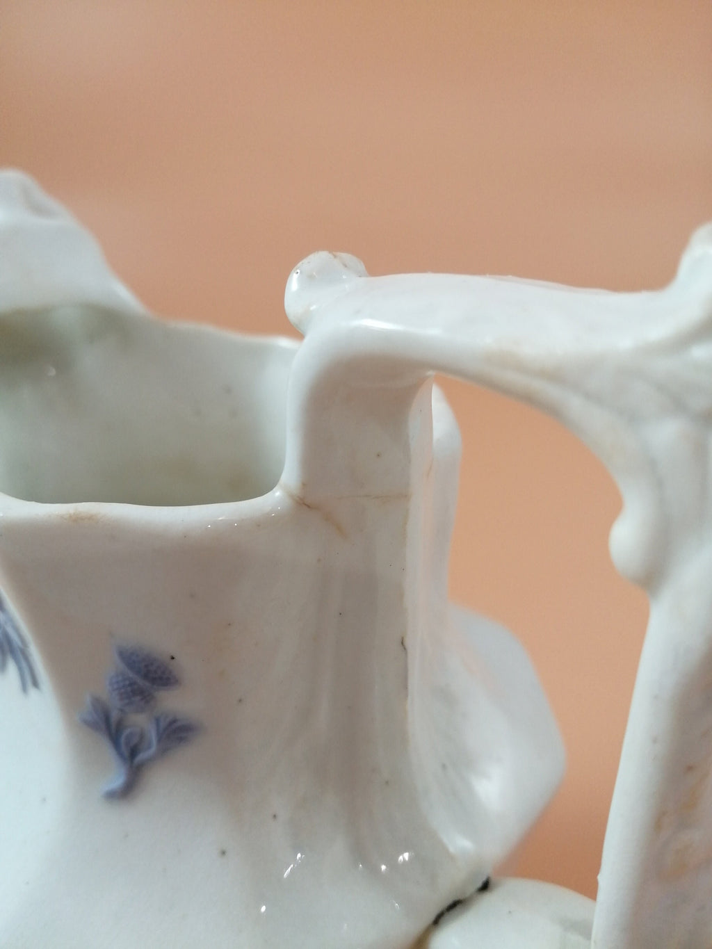 Antique Georgian Porcelain Jug: Lion Head Spout, Lavender Sprigged Figures