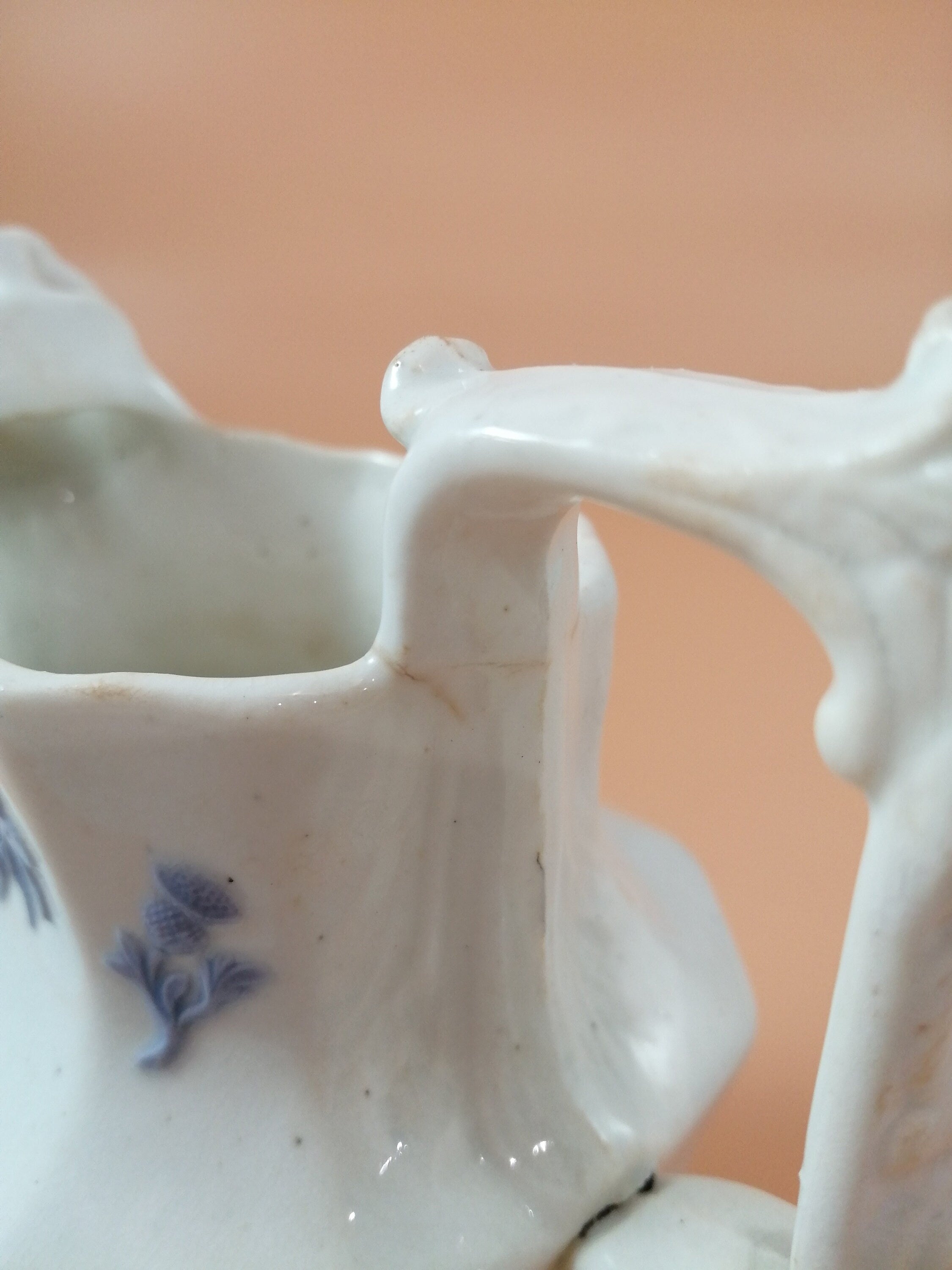 Antique Georgian Porcelain Jug: Lion Head Spout, Lavender Sprigged Figures