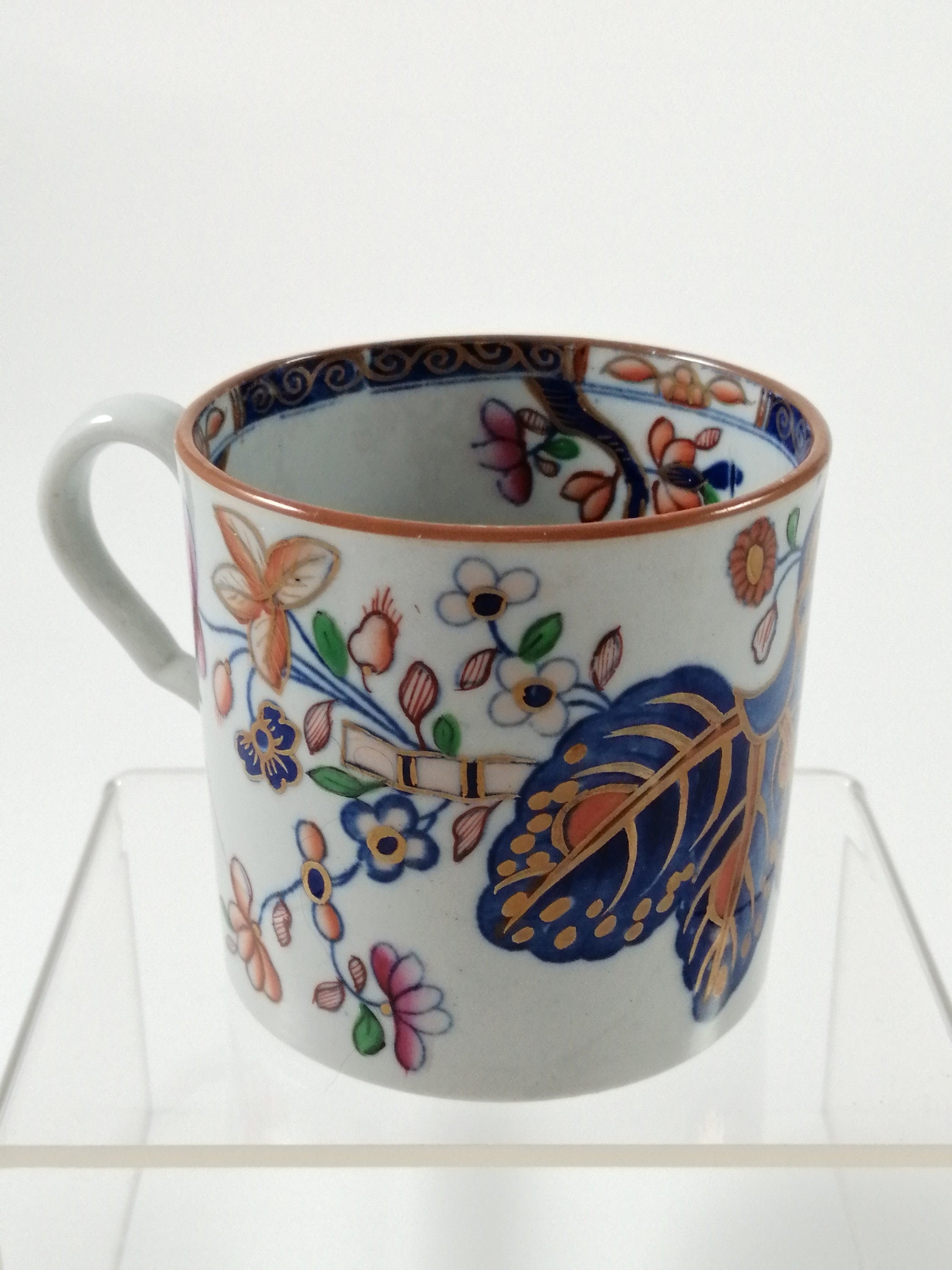 Antique Spode Stone China Coffee Cup & Saucer: Tobacco Leaf Pattern, c. 1810